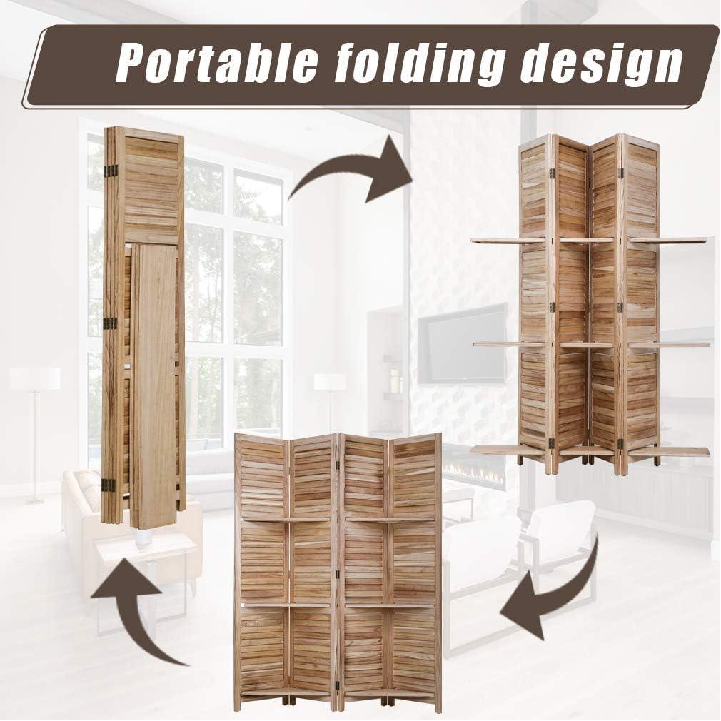 image:image4 Panel Room Divider Folding Privacy Wooden Screen with Three Clever Shelf Portable Partition Screen Screen Wood for Home OfficeNatural