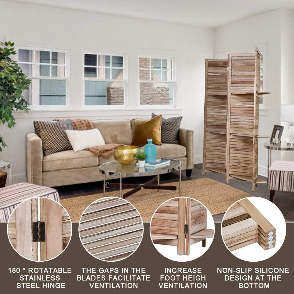 image:image4 Panel Room Divider Folding Privacy Wooden Screen with Three Clever Shelf Portable Partition Screen Screen Wood for Home OfficeNatural