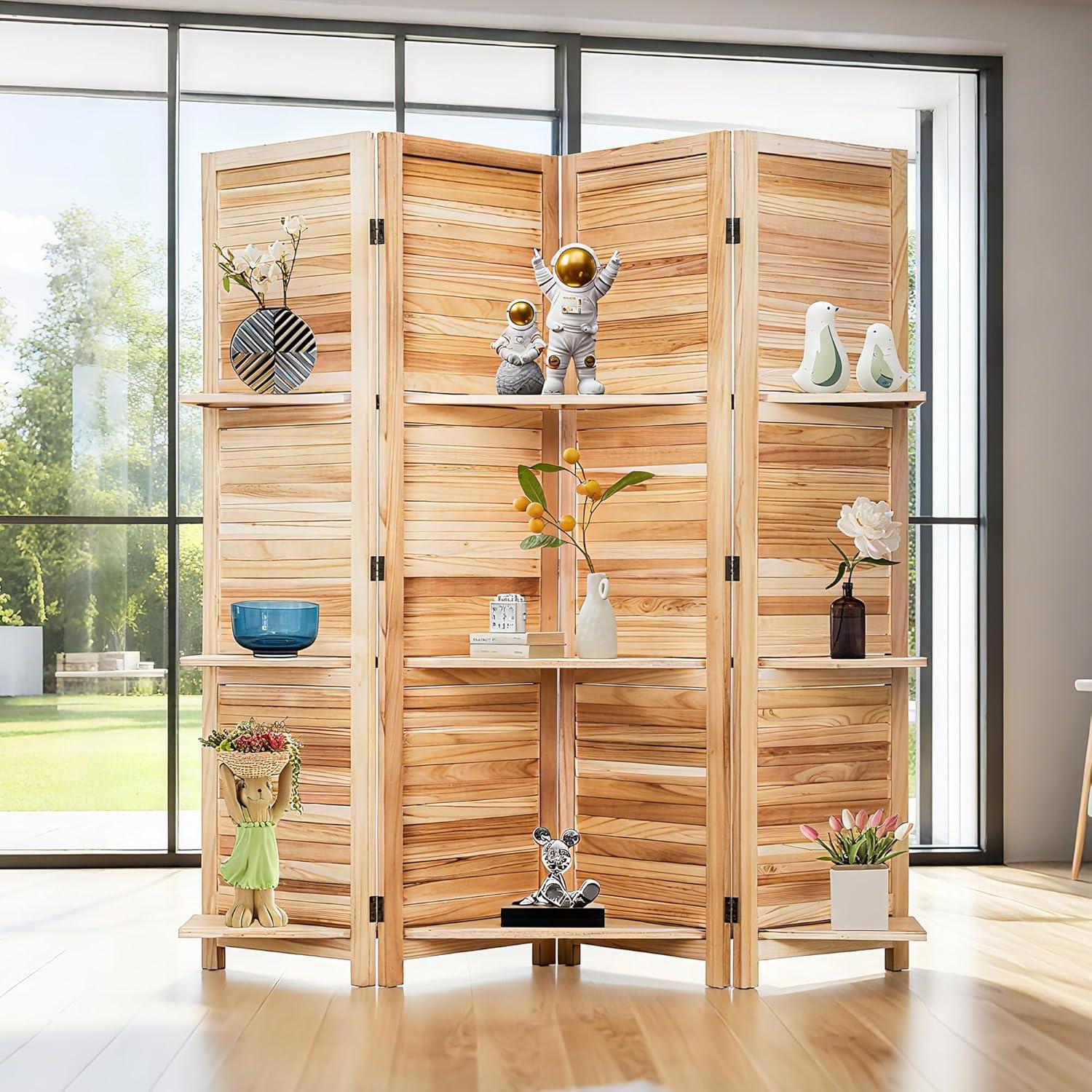 image:image4 Panel Room Divider Folding Privacy Wooden Screen with Three Clever Shelf Portable Partition Screen Screen Wood for Home OfficeNatural Wood