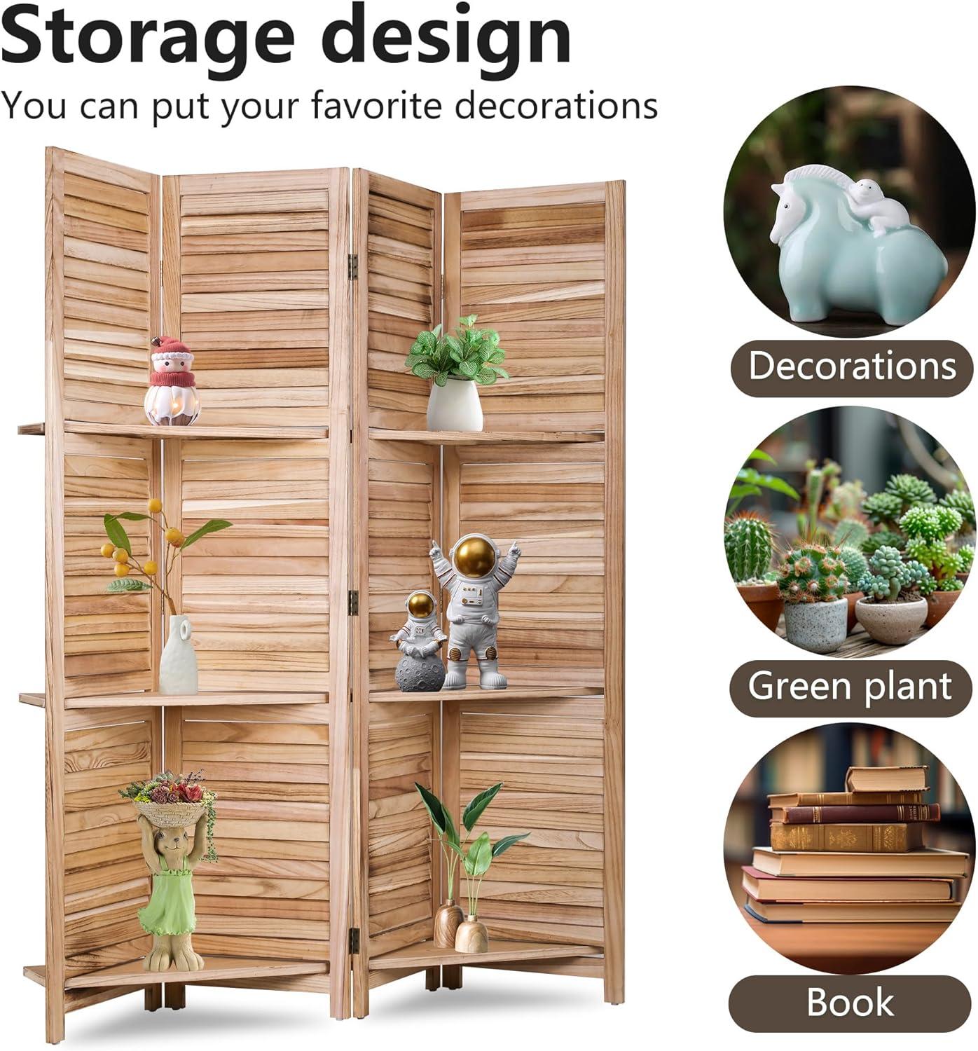 image:image4 Panel Room Divider Folding Privacy Wooden Screen with Three Clever Shelf Portable Partition Screen Screen Wood for Home OfficeNatural Wood