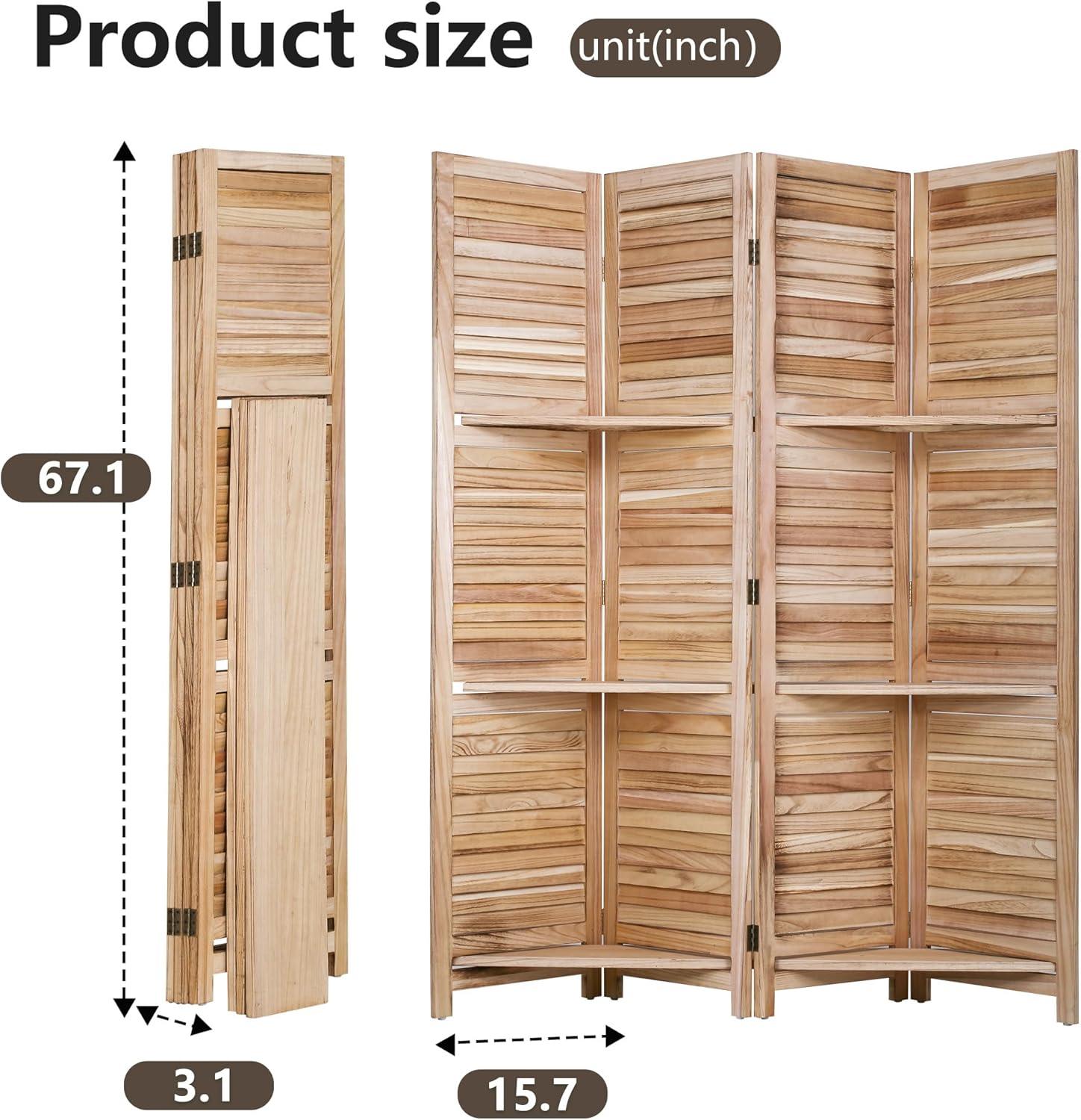image:image4 Panel Room Divider Folding Privacy Wooden Screen with Three Clever Shelf Portable Partition Screen Screen Wood for Home OfficeNatural Wood