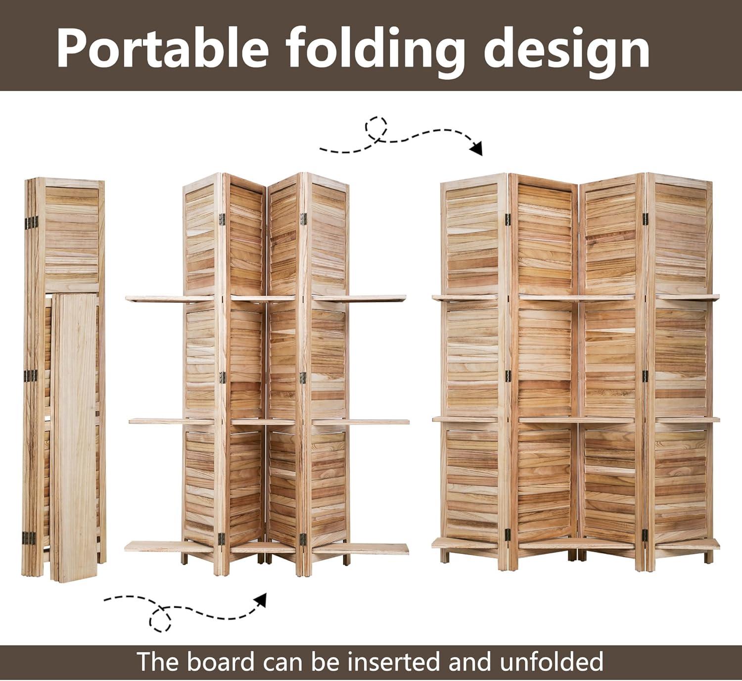 image:image4 Panel Room Divider Folding Privacy Wooden Screen with Three Clever Shelf Portable Partition Screen Screen Wood for Home OfficeNatural Wood