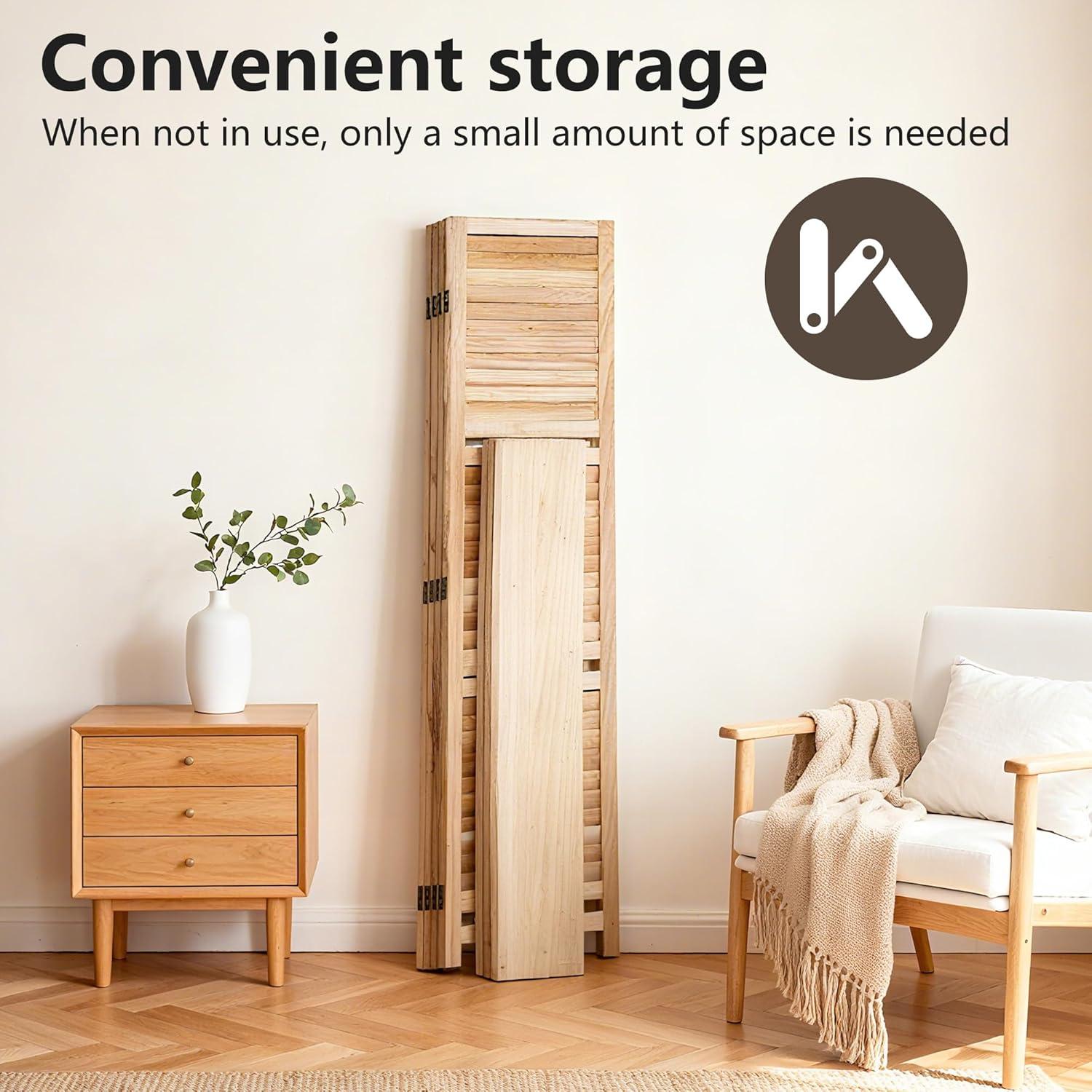 image:image4 Panel Room Divider Folding Privacy Wooden Screen with Three Clever Shelf Portable Partition Screen Screen Wood for Home OfficeNatural Wood