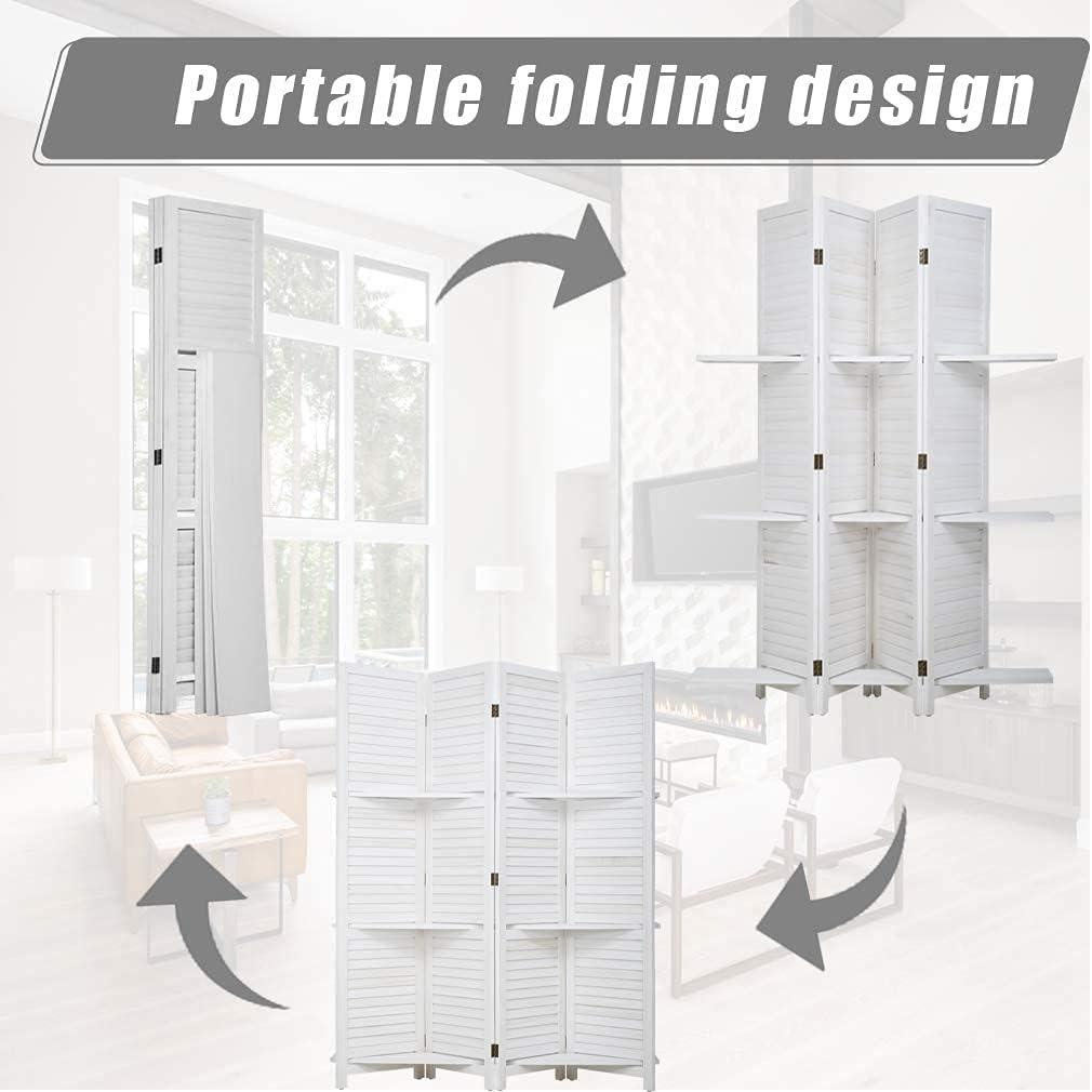 image:image4 Panel Room Divider Folding Privacy Wooden Screen with Three Clever Shelf Portable Partition Screen Screen Wood for Home OfficeWhite