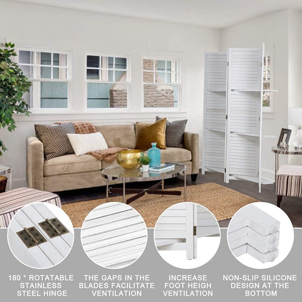 image:image4 Panel Room Divider Folding Privacy Wooden Screen with Three Clever Shelf Portable Partition Screen Screen Wood for Home OfficeWhite