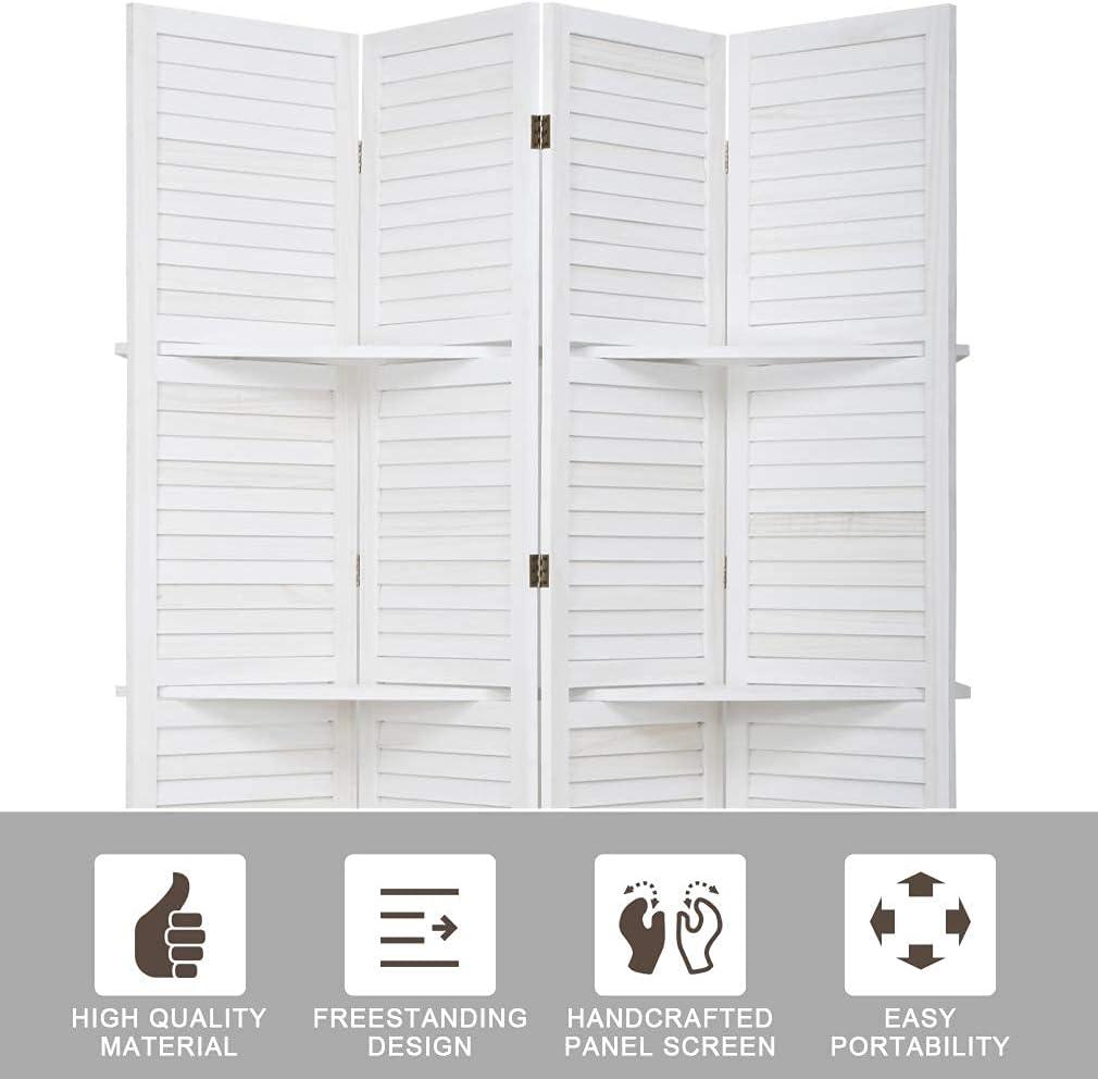 image:image4 Panel Room Divider Folding Privacy Wooden Screen with Three Clever Shelf Portable Partition Screen Screen Wood for Home OfficeWhite
