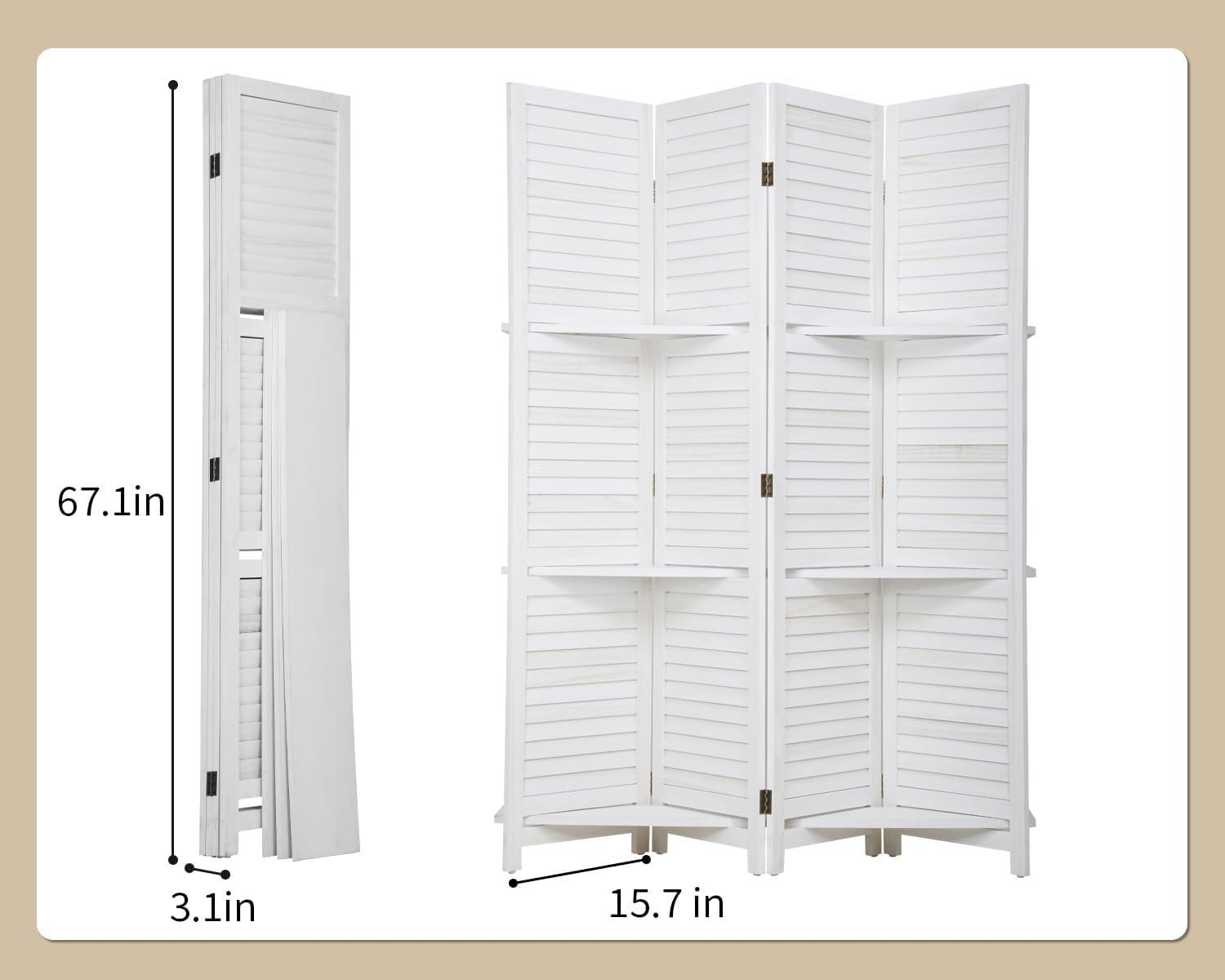 image:image4 Panel Room Divider Folding Privacy Wooden Screen with Three Clever Shelf Portable Partition Screen Screen Wood for Home OfficeWhite