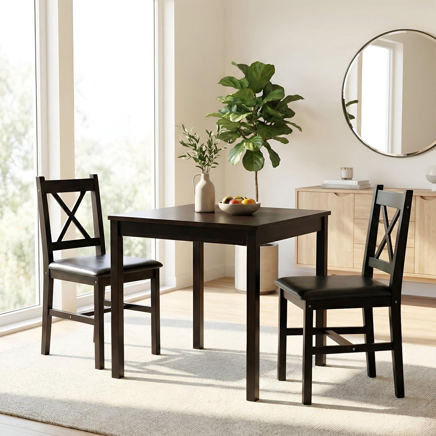 image:imageFDW 3Piece Solid Wood Dining Table Dark Brown Pine Kitchen Table with Upholstered Chairs SpaceSaving Design Smooth EasytoClean Surface for Dining Room Apartment Restaurant3 Piece