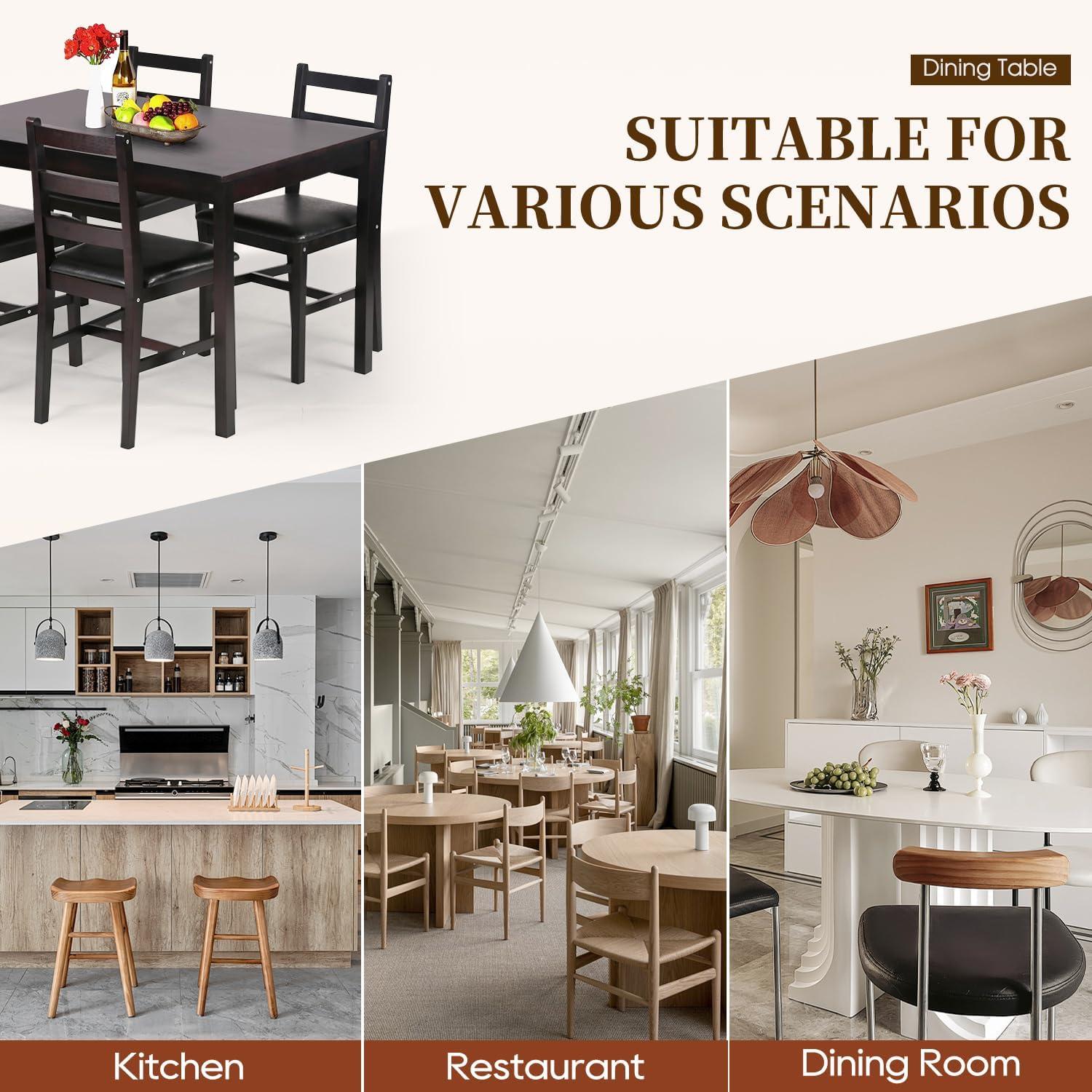 image:imageFDW 3Piece Solid Wood Dining Table Dark Brown Pine Kitchen Table with Upholstered Chairs SpaceSaving Design Smooth EasytoClean Surface for Dining Room Apartment Restaurant5 Piece