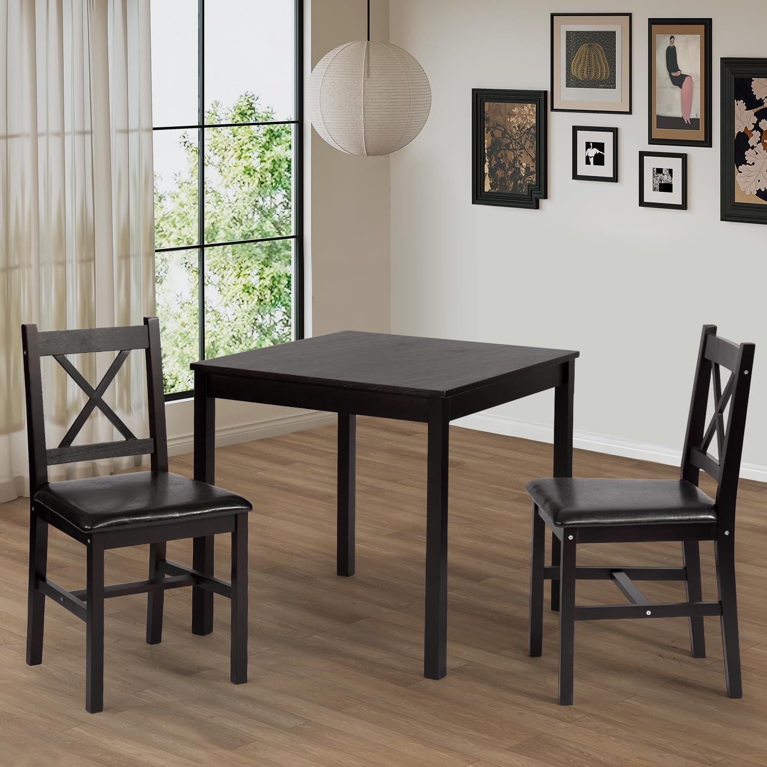 image:imageFDW 3Piece Solid Wood Dining Table Dark Brown Pine Kitchen Table with Upholstered Chairs SpaceSaving Design Smooth EasytoClean Surface for Dining Room Apartment Restaurantset for 2