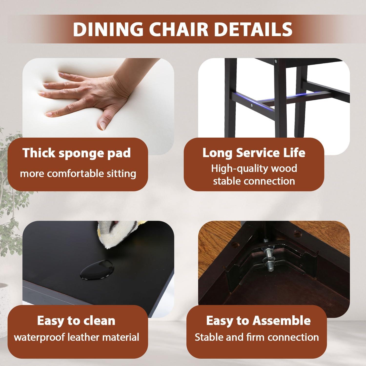 image:imageFDW 3Piece Solid Wood Dining Table Dark Brown Pine Kitchen Table with Upholstered Chairs SpaceSaving Design Smooth EasytoClean Surface for Dining Room Apartment Restaurant3 Piece