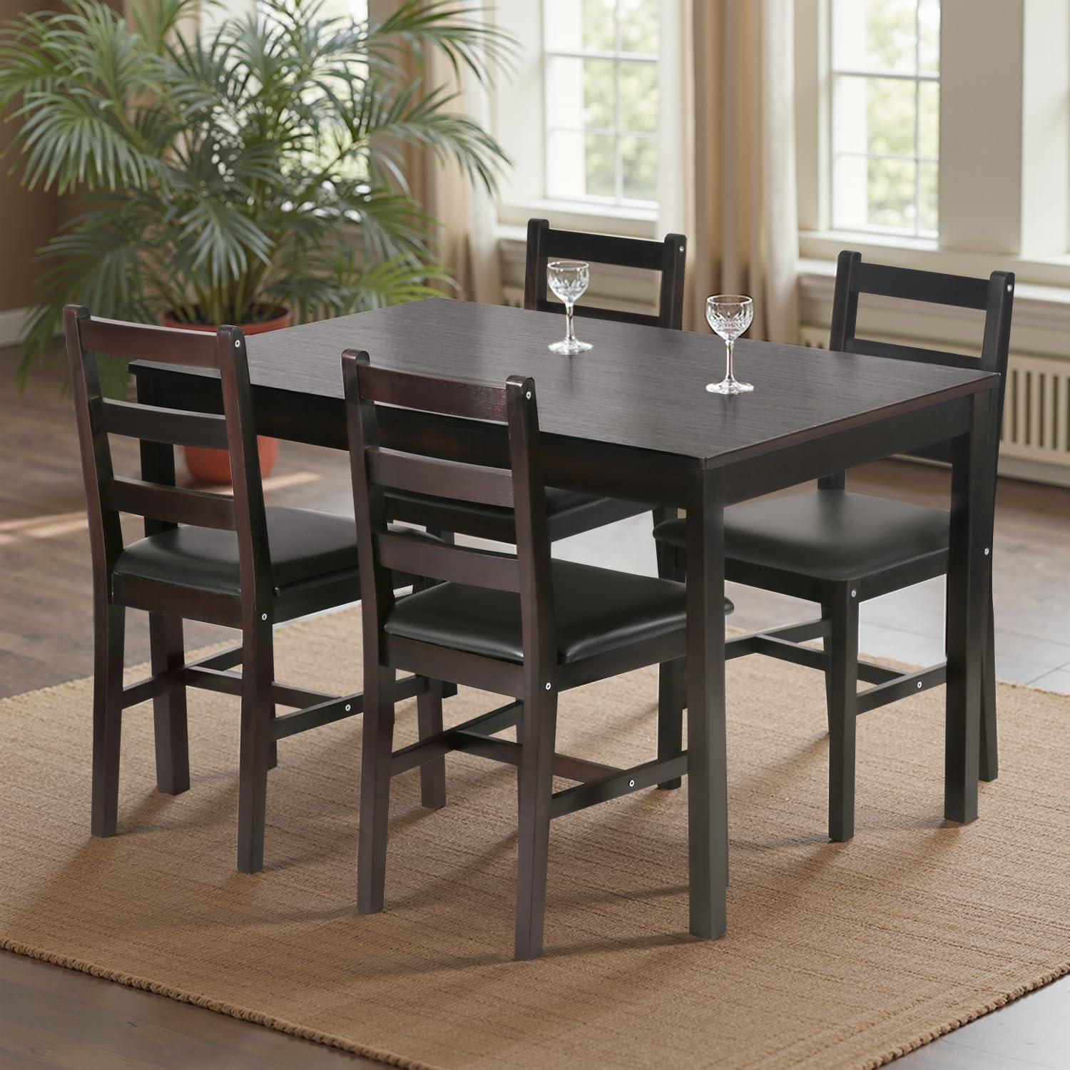 image:imageFDW 3Piece Solid Wood Dining Table Dark Brown Pine Kitchen Table with Upholstered Chairs SpaceSaving Design Smooth EasytoClean Surface for Dining Room Apartment Restaurant5 Piece