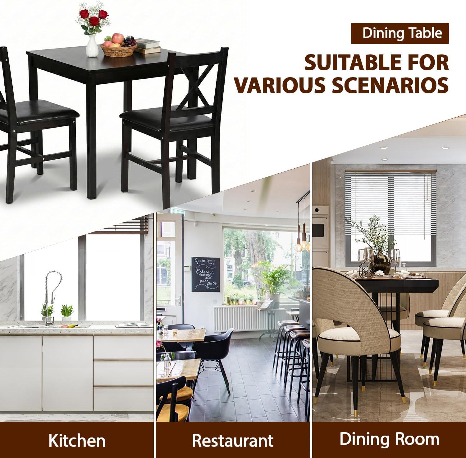 image:imageFDW 3Piece Solid Wood Dining Table Dark Brown Pine Kitchen Table with Upholstered Chairs SpaceSaving Design Smooth EasytoClean Surface for Dining Room Apartment Restaurant3 Piece