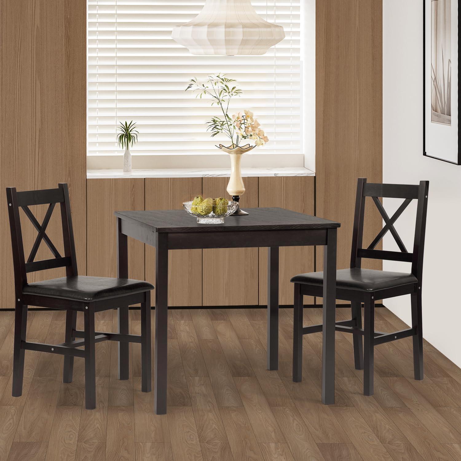 image:imageFDW 3Piece Solid Wood Dining Table Dark Brown Pine Kitchen Table with Upholstered Chairs SpaceSaving Design Smooth EasytoClean Surface for Dining Room Apartment Restaurantset for 2