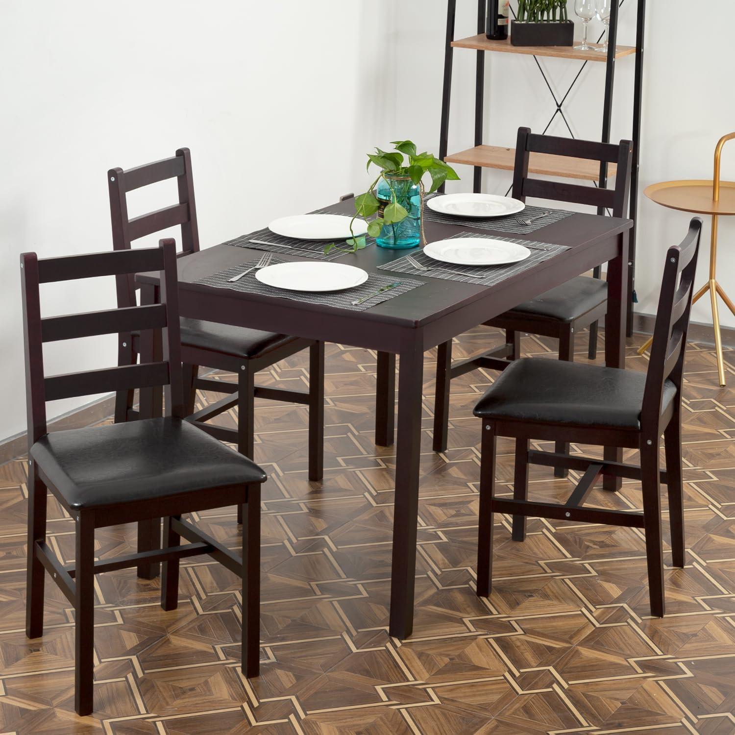 image:imageFDW 3Piece Solid Wood Dining Table Dark Brown Pine Kitchen Table with Upholstered Chairs SpaceSaving Design Smooth EasytoClean Surface for Dining Room Apartment Restaurantset for 4