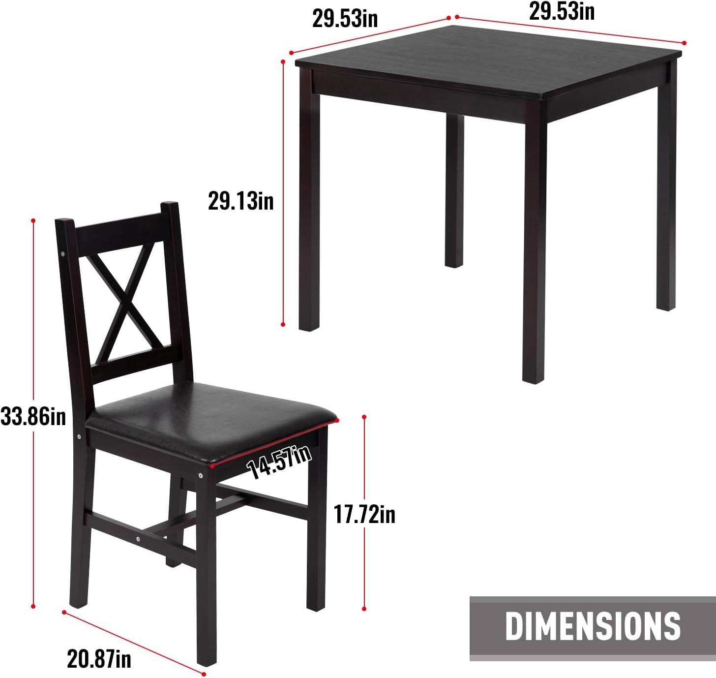 image:imageFDW 3Piece Solid Wood Dining Table Dark Brown Pine Kitchen Table with Upholstered Chairs SpaceSaving Design Smooth EasytoClean Surface for Dining Room Apartment Restaurantset for 2