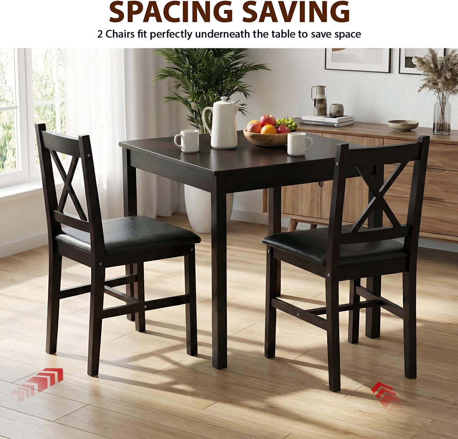 image:imageFDW 3Piece Solid Wood Dining Table Dark Brown Pine Kitchen Table with Upholstered Chairs SpaceSaving Design Smooth EasytoClean Surface for Dining Room Apartment Restaurant3 Piece