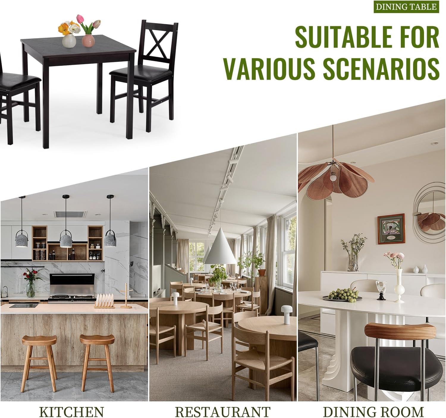 image:imageFDW 3Piece Solid Wood Dining Table Dark Brown Pine Kitchen Table with Upholstered Chairs SpaceSaving Design Smooth EasytoClean Surface for Dining Room Apartment Restaurantset for 2