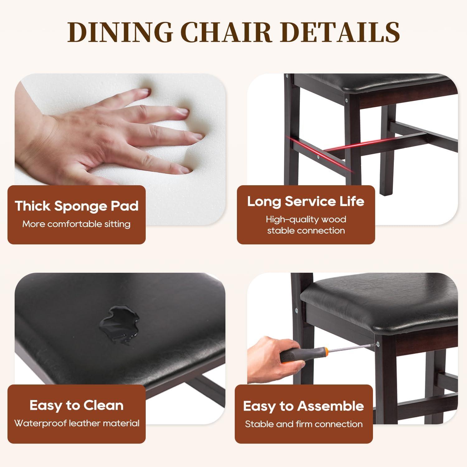 image:imageFDW 3Piece Solid Wood Dining Table Dark Brown Pine Kitchen Table with Upholstered Chairs SpaceSaving Design Smooth EasytoClean Surface for Dining Room Apartment Restaurant5 Piece