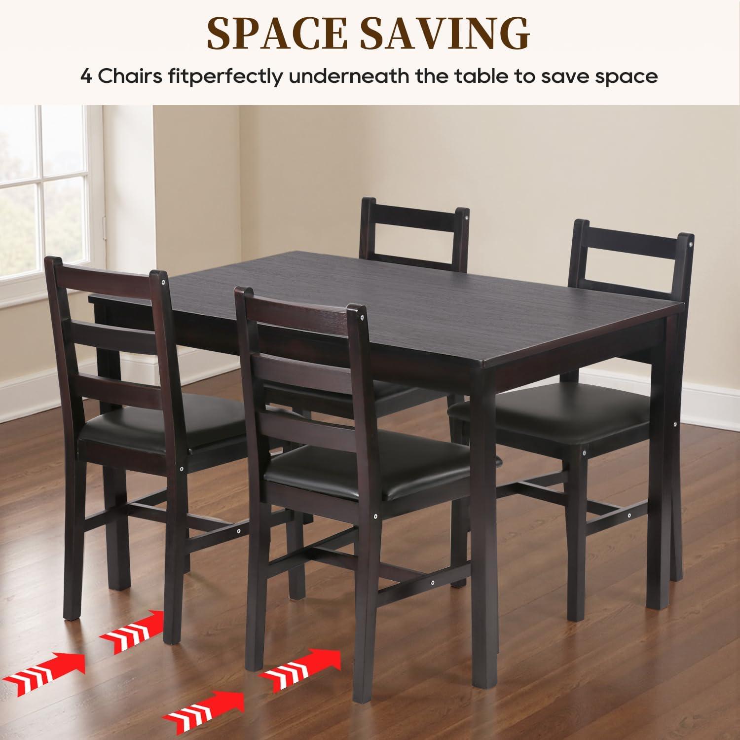 image:imageFDW 3Piece Solid Wood Dining Table Dark Brown Pine Kitchen Table with Upholstered Chairs SpaceSaving Design Smooth EasytoClean Surface for Dining Room Apartment Restaurant5 Piece