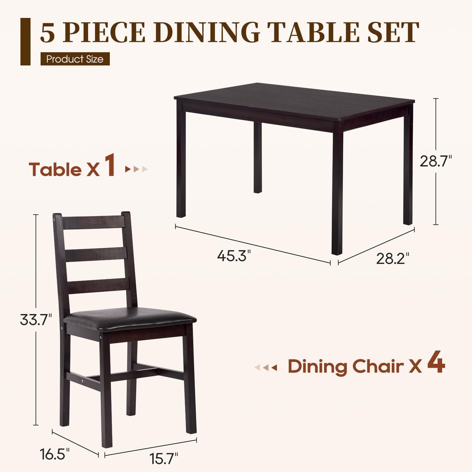 image:imageFDW 3Piece Solid Wood Dining Table Dark Brown Pine Kitchen Table with Upholstered Chairs SpaceSaving Design Smooth EasytoClean Surface for Dining Room Apartment Restaurant5 Piece