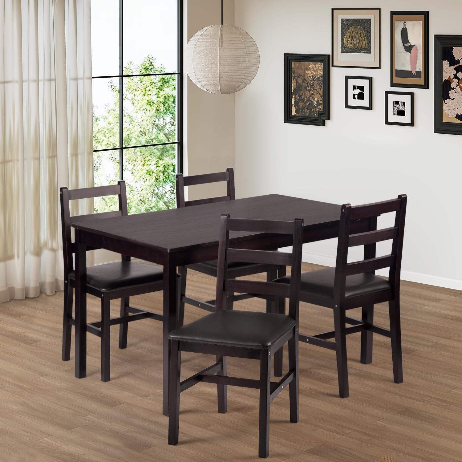 image:imageFDW 3Piece Solid Wood Dining Table Dark Brown Pine Kitchen Table with Upholstered Chairs SpaceSaving Design Smooth EasytoClean Surface for Dining Room Apartment Restaurantset for 4