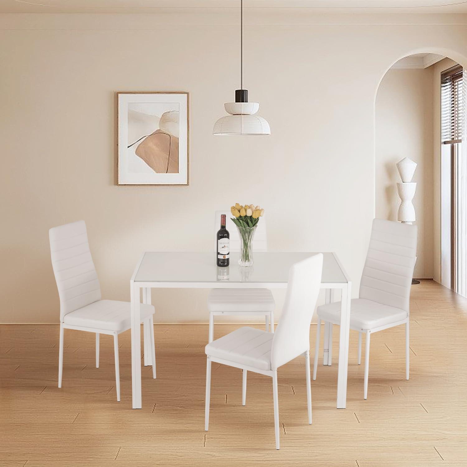 image:imageFDW 5Piece Dining Table Set Black Glass Kitchen Table with 4 Upholstered Chairs and Faux Leather Cushions SpaceSaving and Modern Design for Dining Room Easy to AssembleWhite Glass