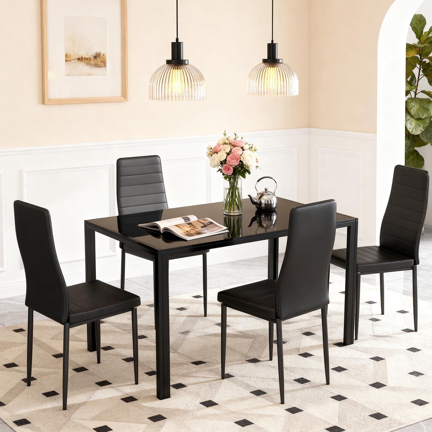 image:imageFDW 5Piece Dining Table Set Black Glass Kitchen Table with 4 Upholstered Chairs and Faux Leather Cushions SpaceSaving and Modern Design for Dining Room Easy to AssembleBlack Chairs