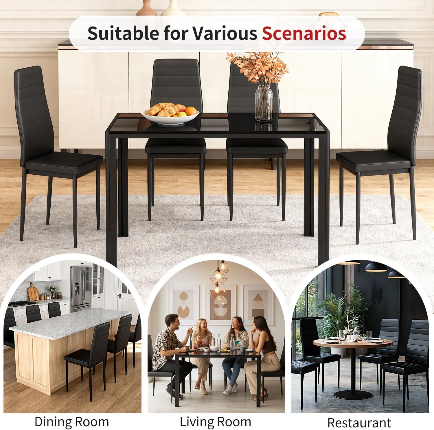 image:imageFDW 5Piece Dining Table Set Black Glass Kitchen Table with 4 Upholstered Chairs and Faux Leather Cushions SpaceSaving and Modern Design for Dining Room Easy to AssembleBlack Chairs