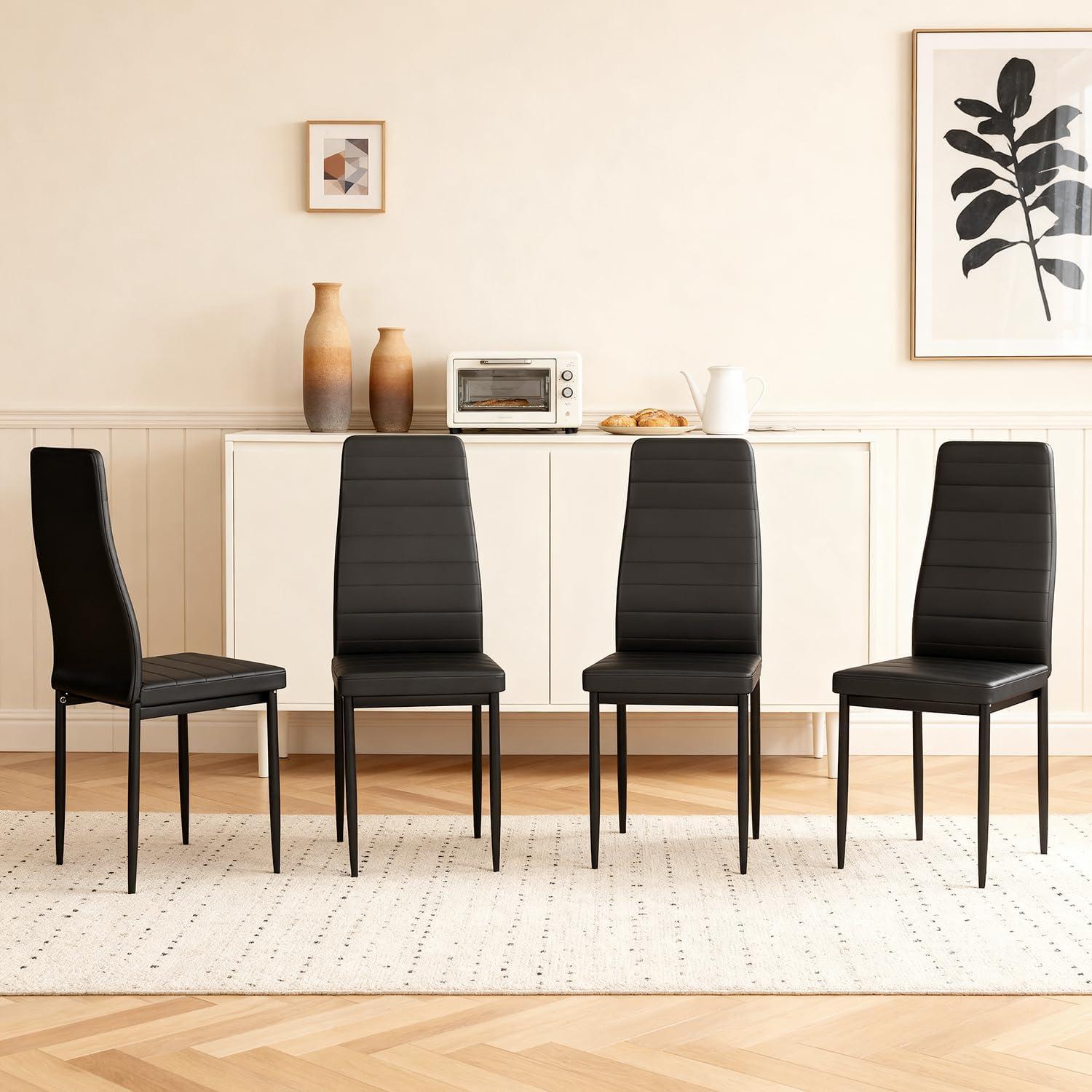 image:imageFDW 5Piece Dining Table Set Black Glass Kitchen Table with 4 Upholstered Chairs and Faux Leather Cushions SpaceSaving and Modern Design for Dining Room Easy to AssembleBlack Chairs