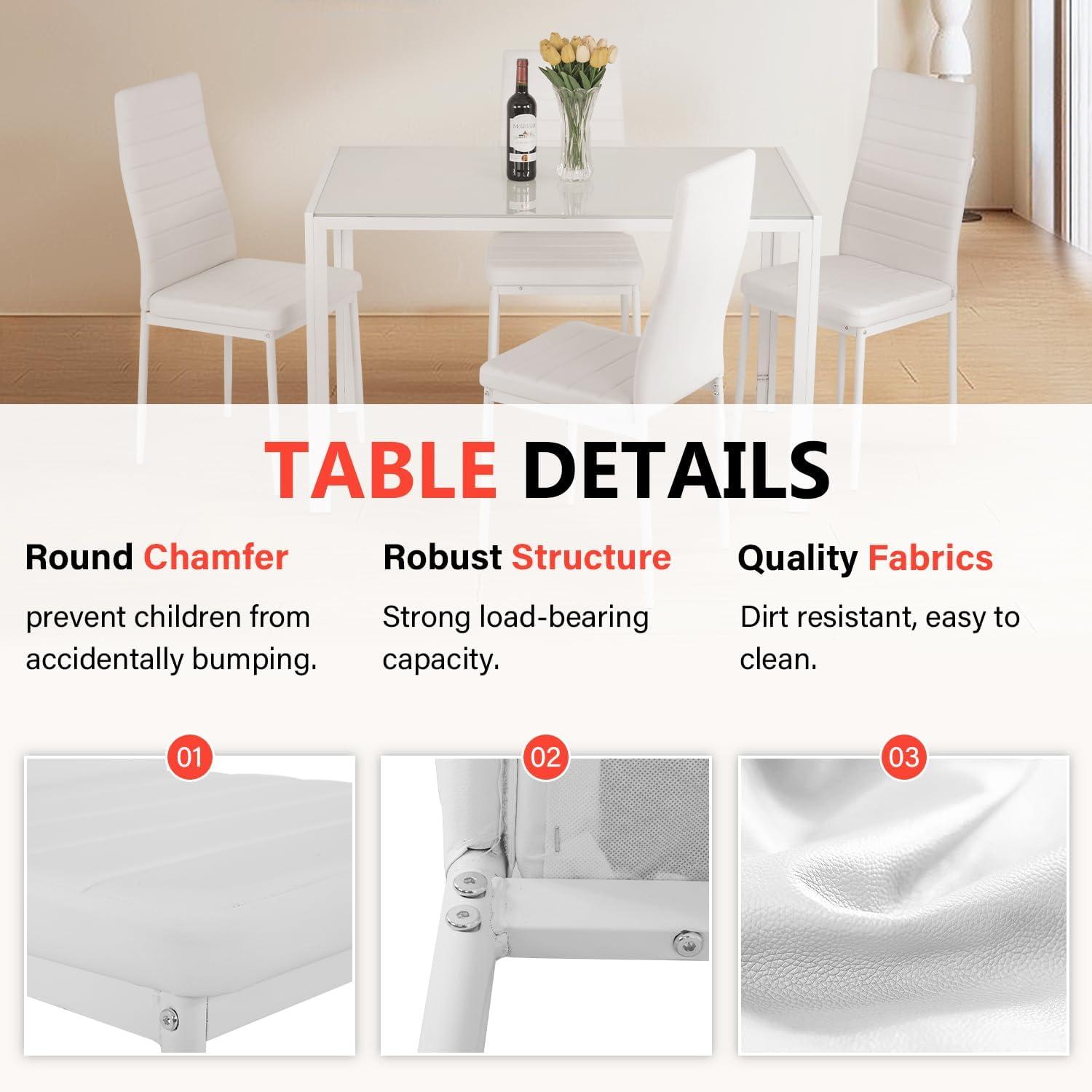 image:imageFDW 5Piece Dining Table Set Black Glass Kitchen Table with 4 Upholstered Chairs and Faux Leather Cushions SpaceSaving and Modern Design for Dining Room Easy to AssembleWhite Glass