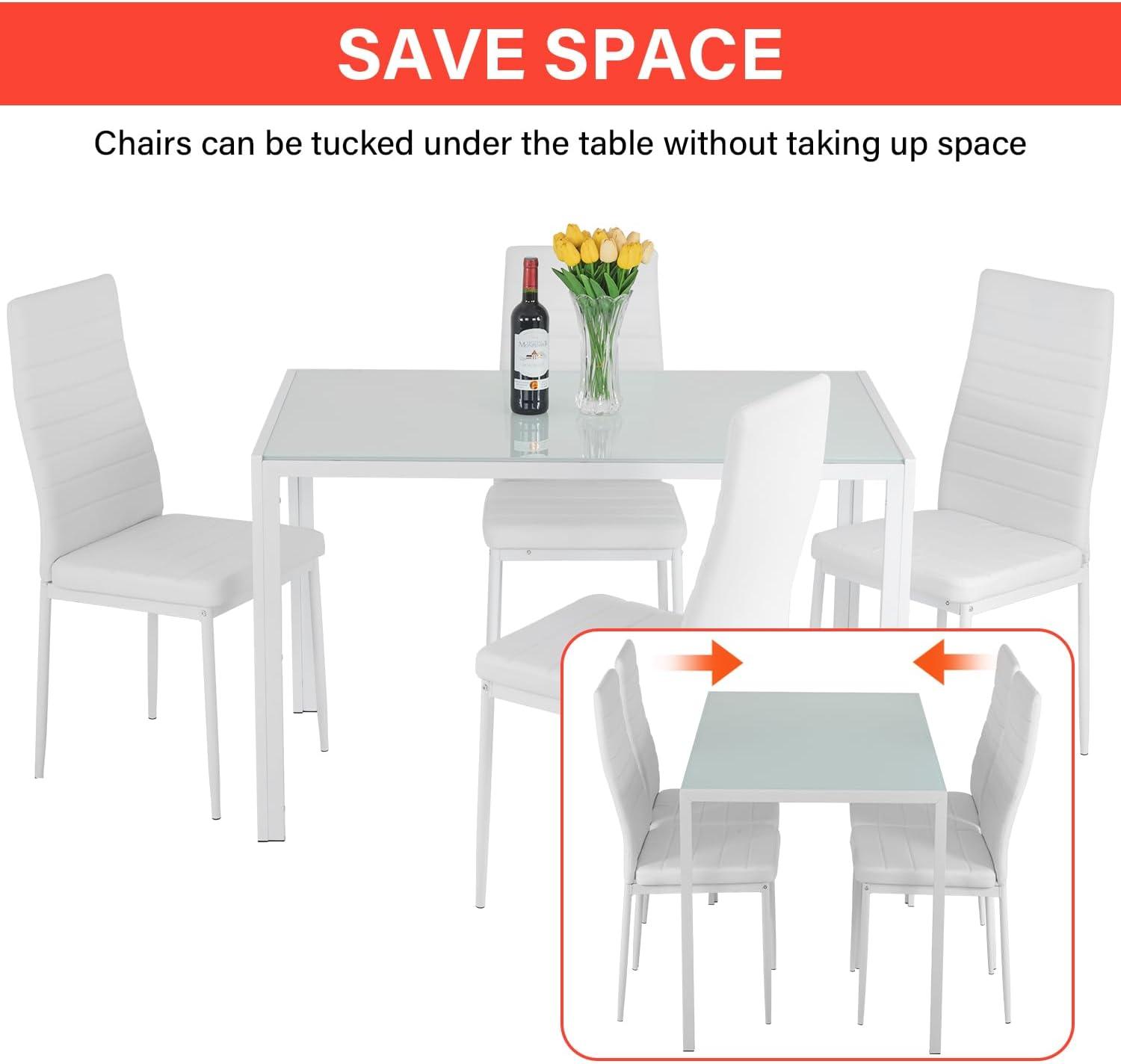 image:imageFDW 5Piece Dining Table Set Black Glass Kitchen Table with 4 Upholstered Chairs and Faux Leather Cushions SpaceSaving and Modern Design for Dining Room Easy to AssembleWhite Glass