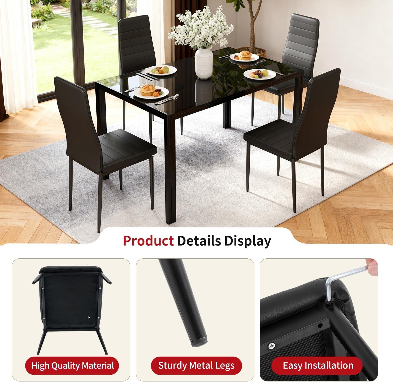 image:imageFDW 5Piece Dining Table Set Black Glass Kitchen Table with 4 Upholstered Chairs and Faux Leather Cushions SpaceSaving and Modern Design for Dining Room Easy to AssembleBlack Chairs