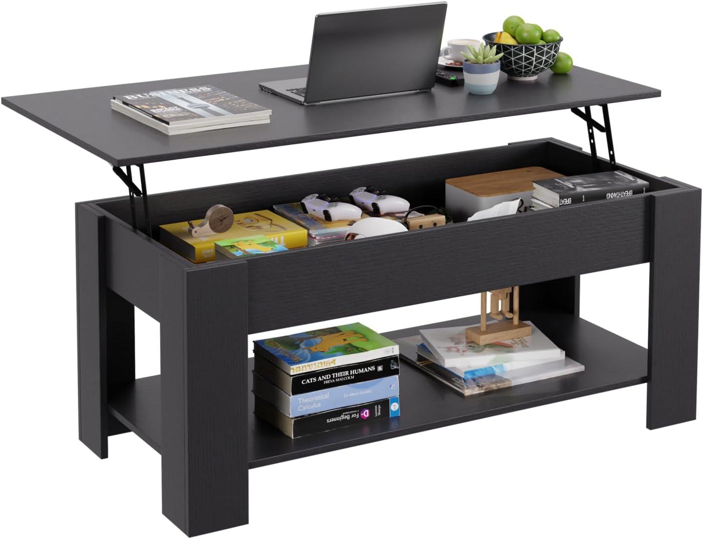 image:imageFDW 394 Lift Top Coffee Table with Hidden Compartment and Storage Shelf Wooden Lift Tabletop for Home Living Room Reception Room Office BlackBlack