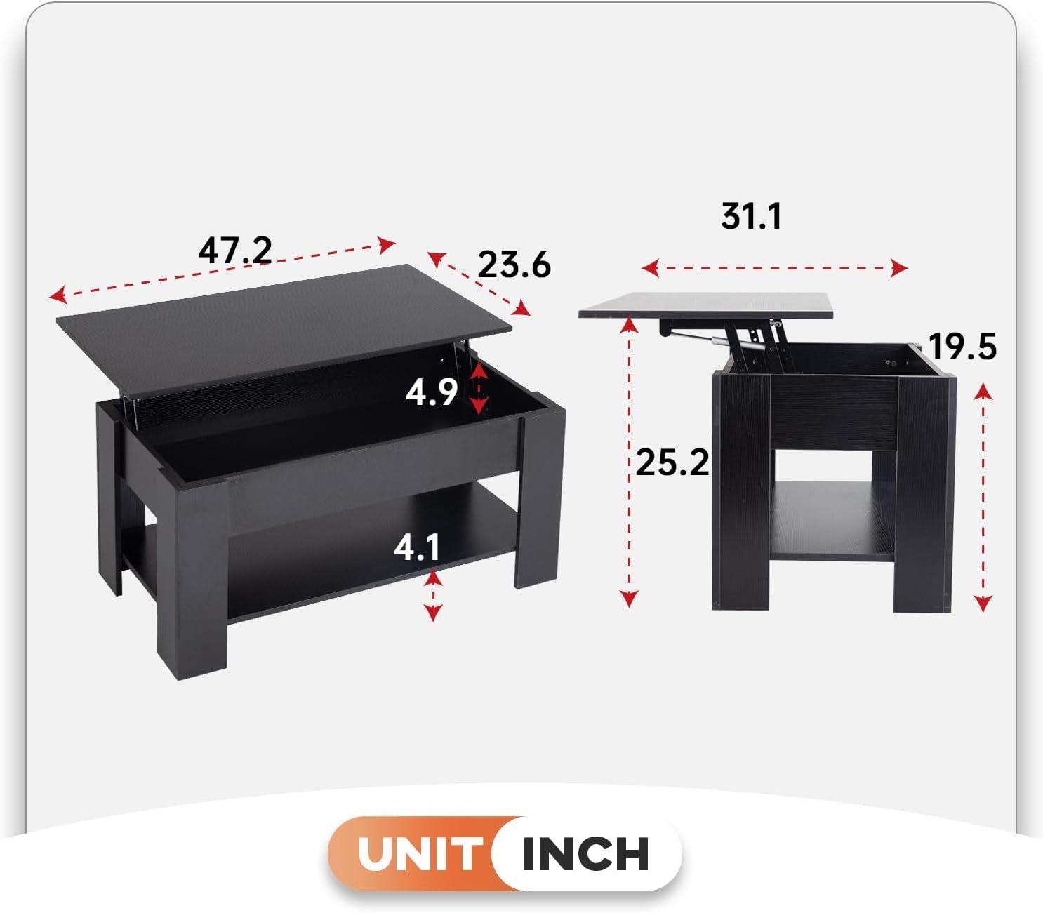 image:imageFDW 394 Lift Top Coffee Table with Hidden Compartment and Storage Shelf Wooden Lift Tabletop for Home Living Room Reception Room Office BlackBlack