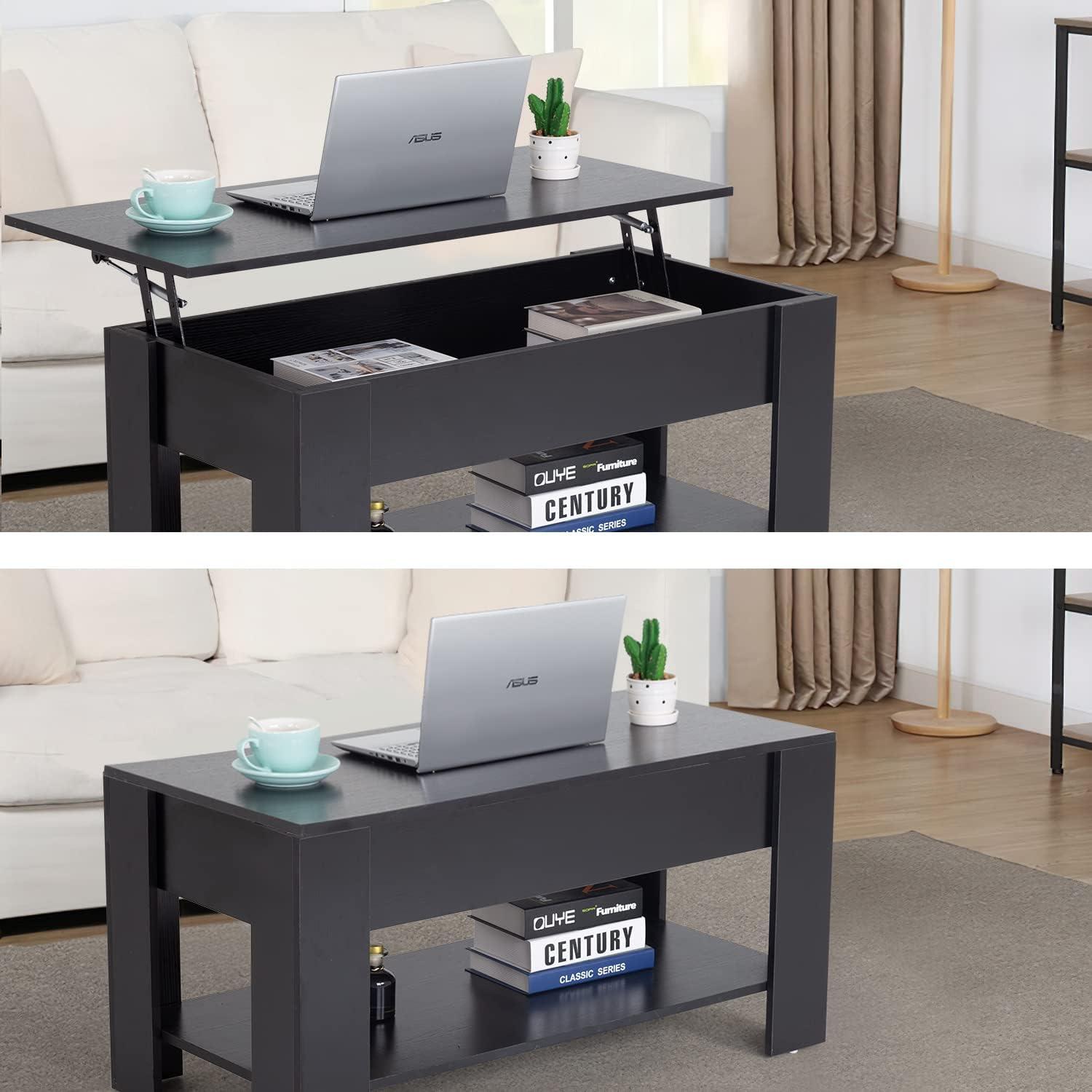image:imageFDW 394 Lift Top Coffee Table with Hidden Compartment and Storage Shelf Wooden Lift Tabletop for Home Living Room Reception Room Office BlackBlack