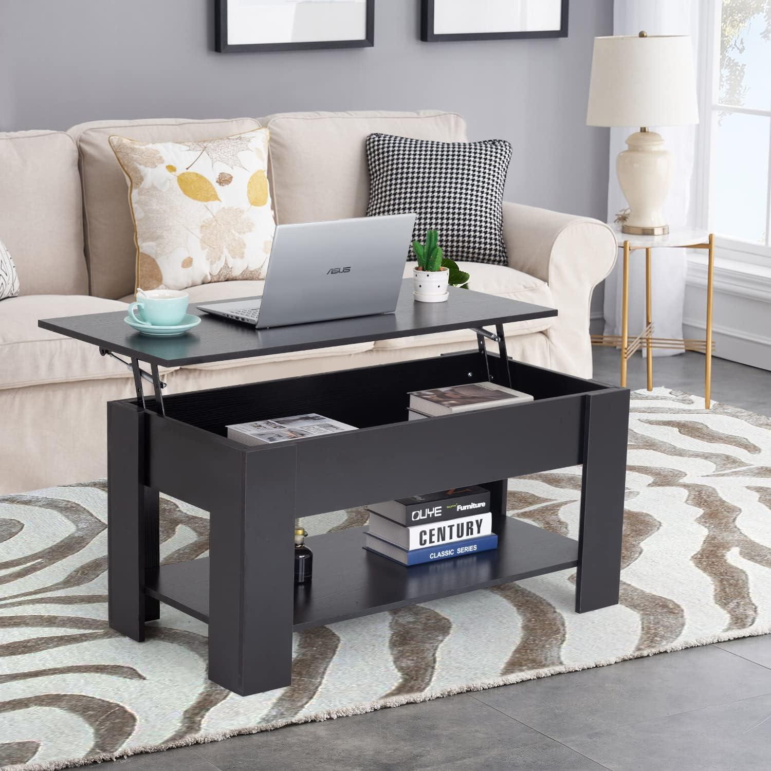 image:imageFDW 394 Lift Top Coffee Table with Hidden Compartment and Storage Shelf Wooden Lift Tabletop for Home Living Room Reception Room Office BlackBlack