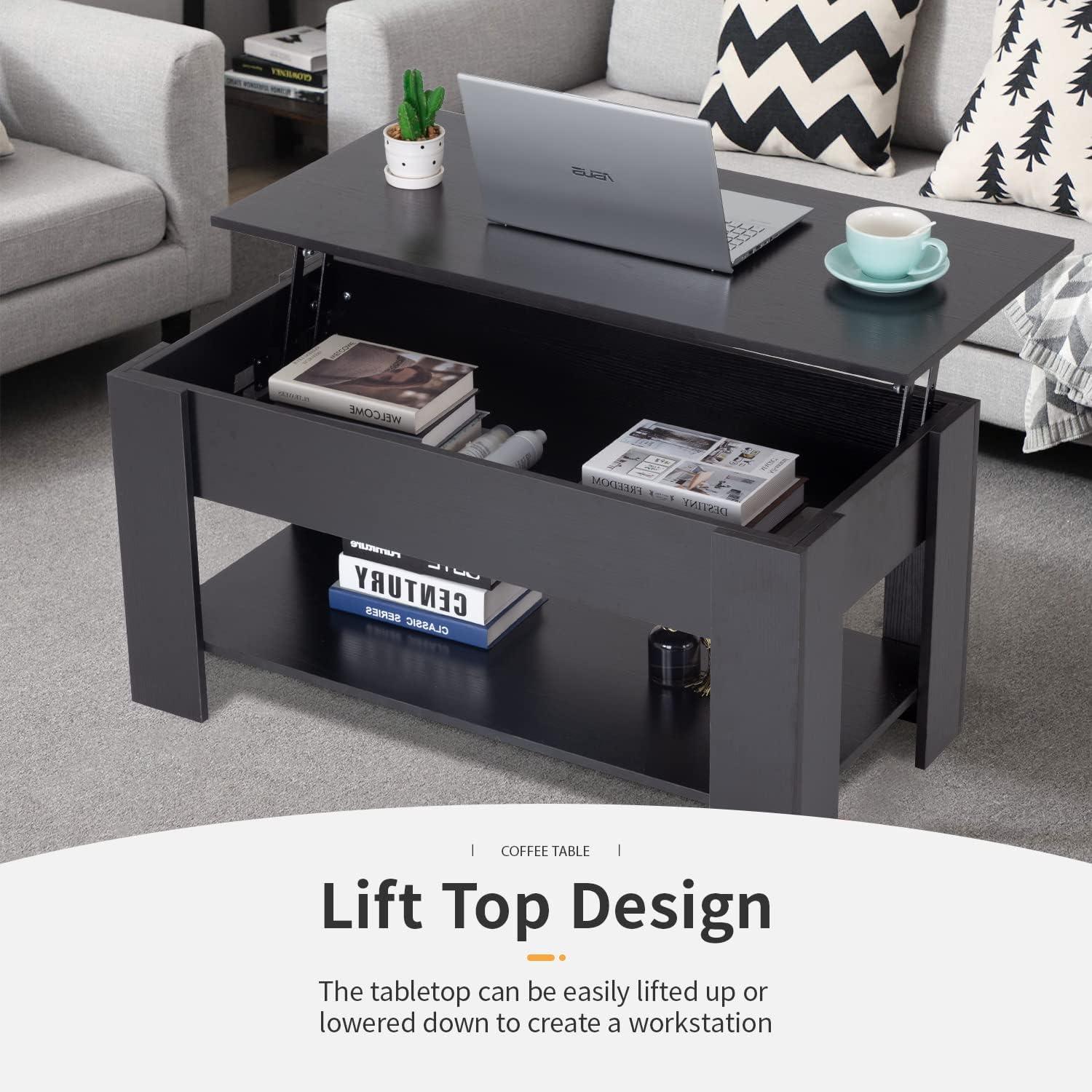 image:imageFDW 394 Lift Top Coffee Table with Hidden Compartment and Storage Shelf Wooden Lift Tabletop for Home Living Room Reception Room Office BlackBlack
