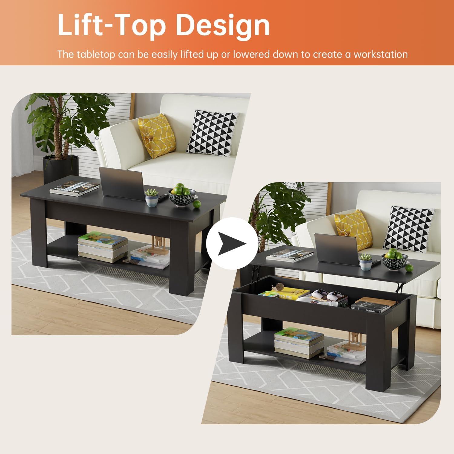 image:imageFDW 394 Lift Top Coffee Table with Hidden Compartment and Storage Shelf Wooden Lift Tabletop for Home Living Room Reception Room Office BlackBlack