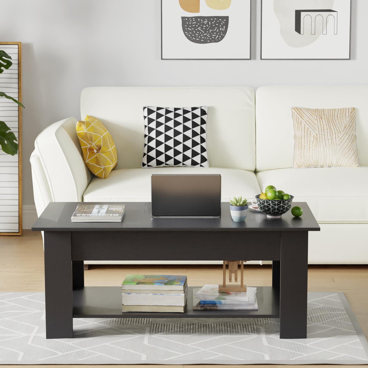 image:imageFDW 394 Lift Top Coffee Table with Hidden Compartment and Storage Shelf Wooden Lift Tabletop for Home Living Room Reception Room Office BlackBlack