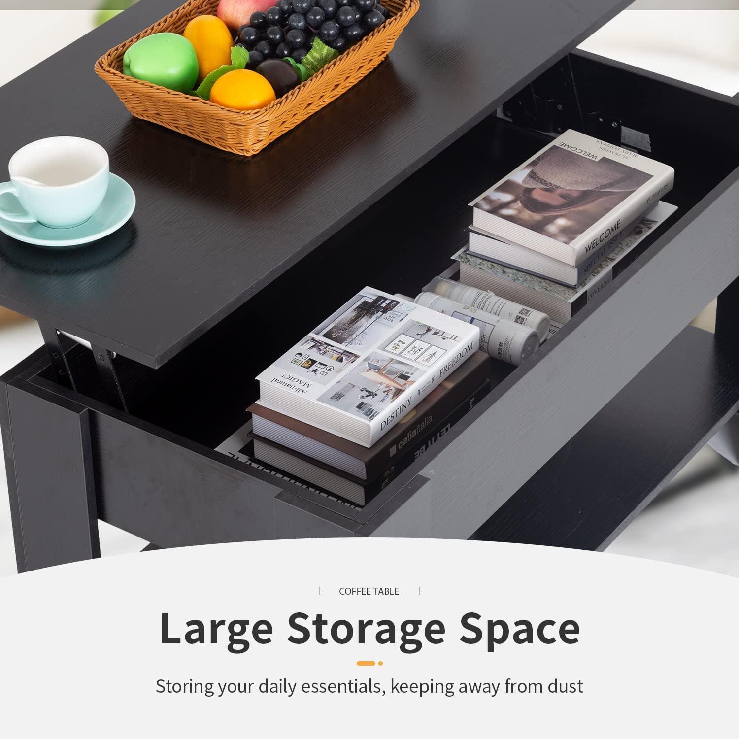 image:imageFDW 394 Lift Top Coffee Table with Hidden Compartment and Storage Shelf Wooden Lift Tabletop for Home Living Room Reception Room Office BlackBlack