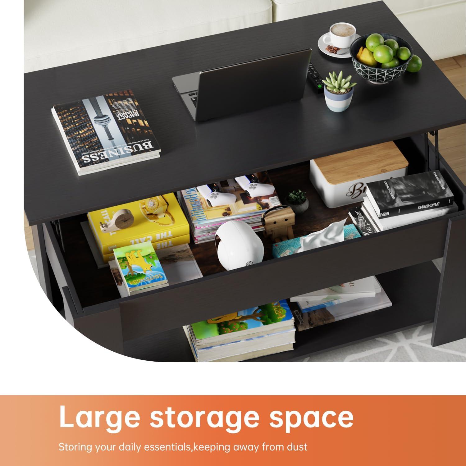 image:imageFDW 394 Lift Top Coffee Table with Hidden Compartment and Storage Shelf Wooden Lift Tabletop for Home Living Room Reception Room Office BlackBlack