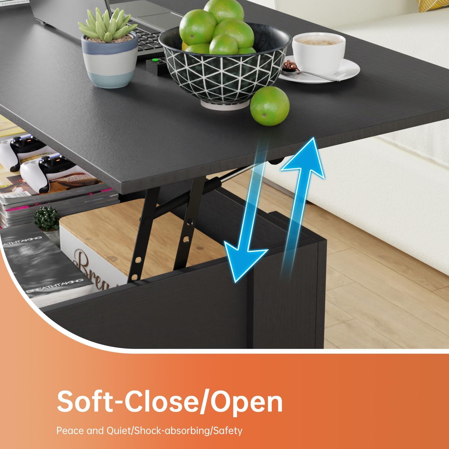 image:imageFDW 394 Lift Top Coffee Table with Hidden Compartment and Storage Shelf Wooden Lift Tabletop for Home Living Room Reception Room Office BlackBlack