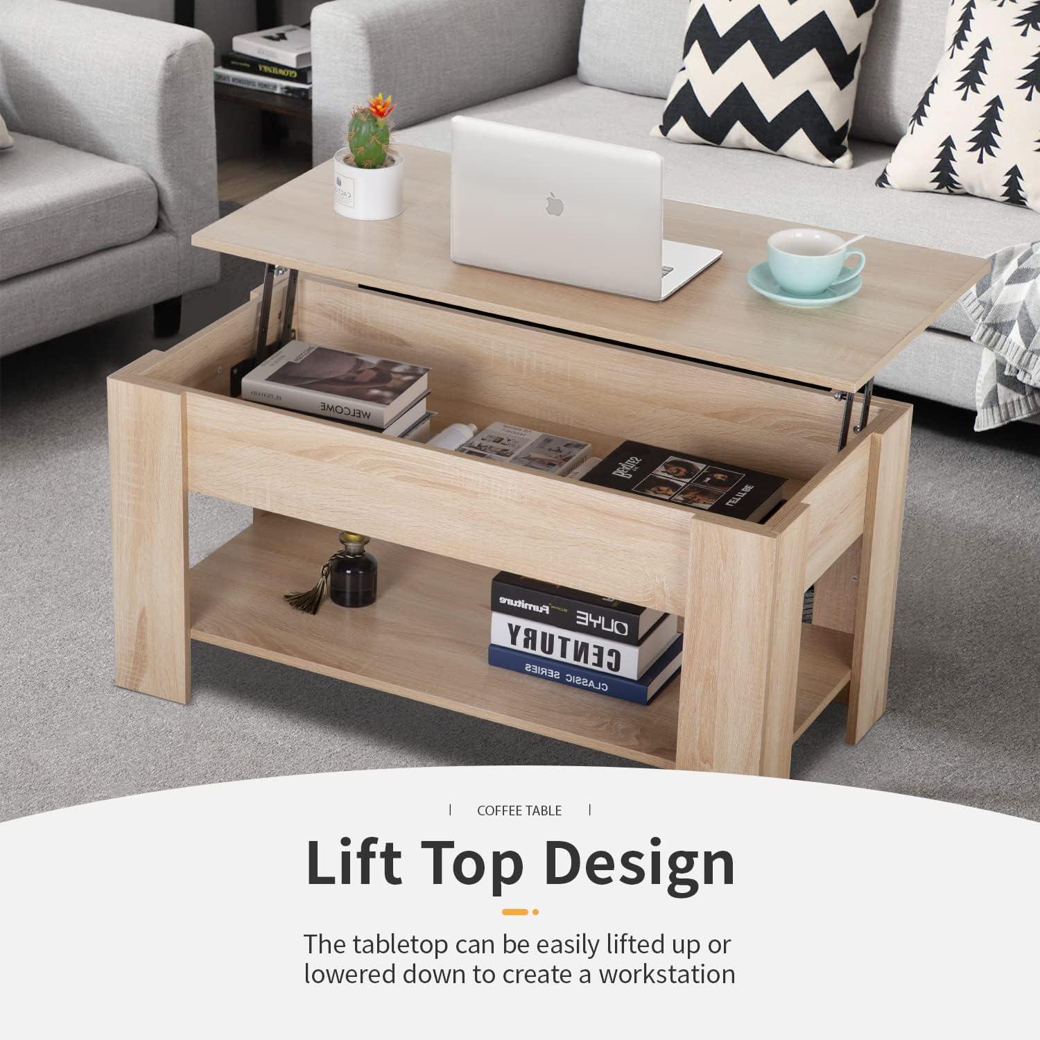 image:imageFDW 394 Lift Top Coffee Table with Hidden Compartment and Storage Shelf Wooden Lift Tabletop for Home Living Room Reception Room Office BlackGrey