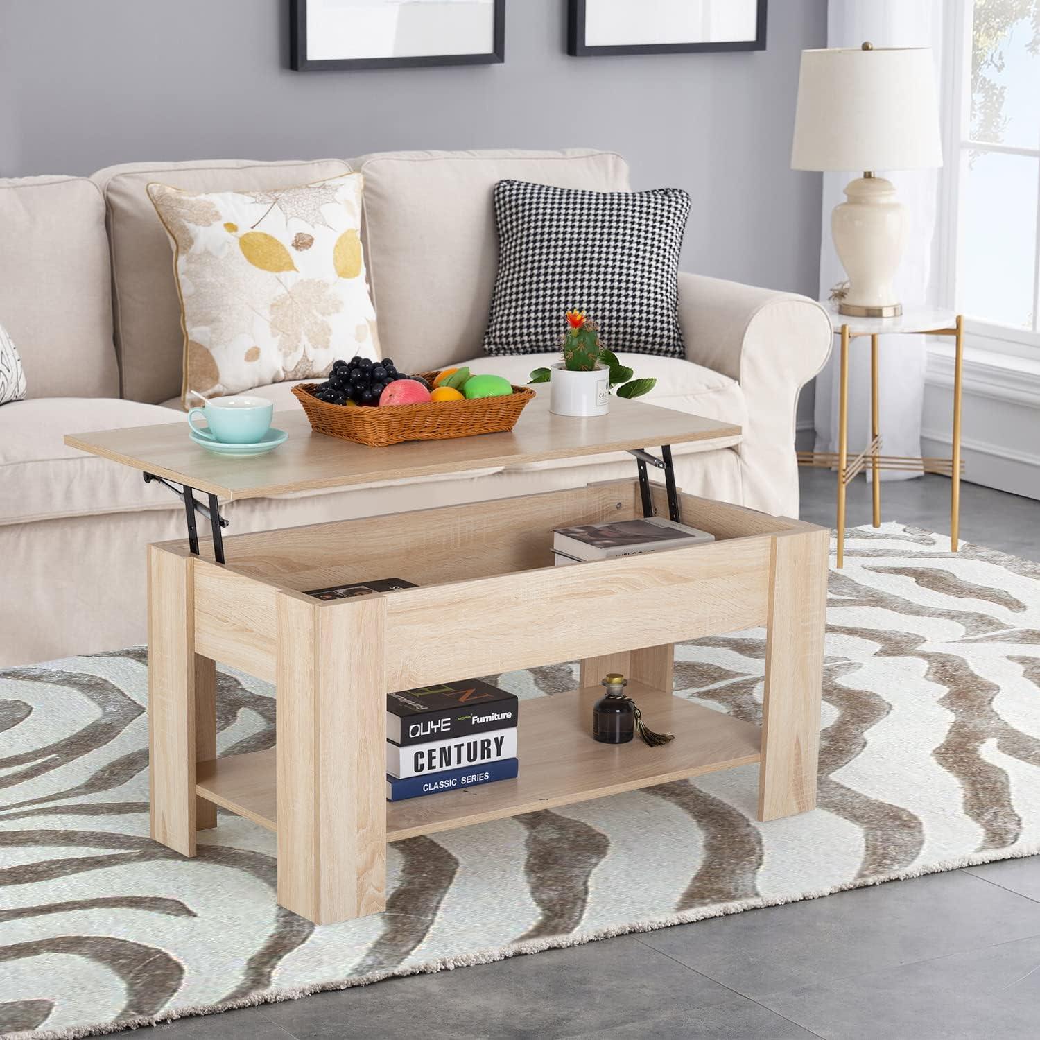 image:imageFDW 394 Lift Top Coffee Table with Hidden Compartment and Storage Shelf Wooden Lift Tabletop for Home Living Room Reception Room Office BlackGrey