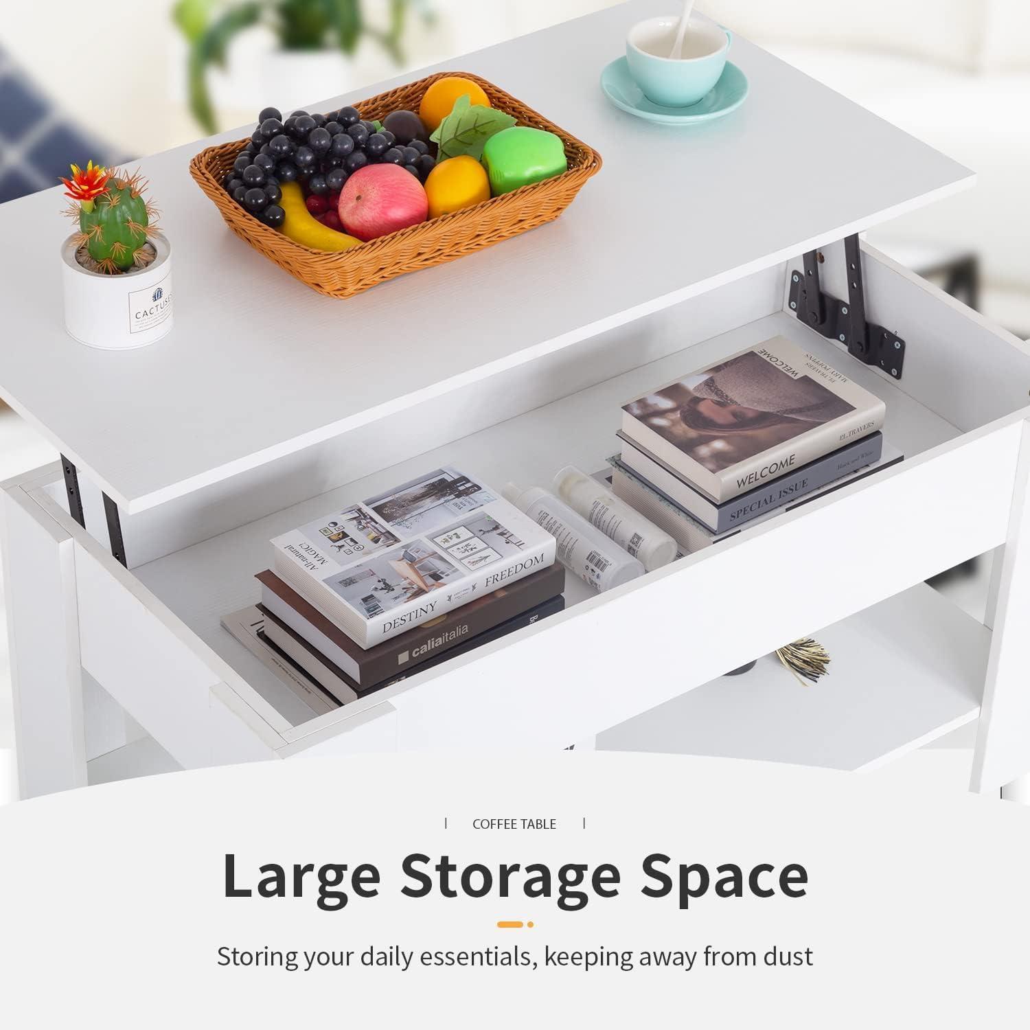 image:imageFDW 394 Lift Top Coffee Table with Hidden Compartment and Storage Shelf Wooden Lift Tabletop for Home Living Room Reception Room Office BlackWhite