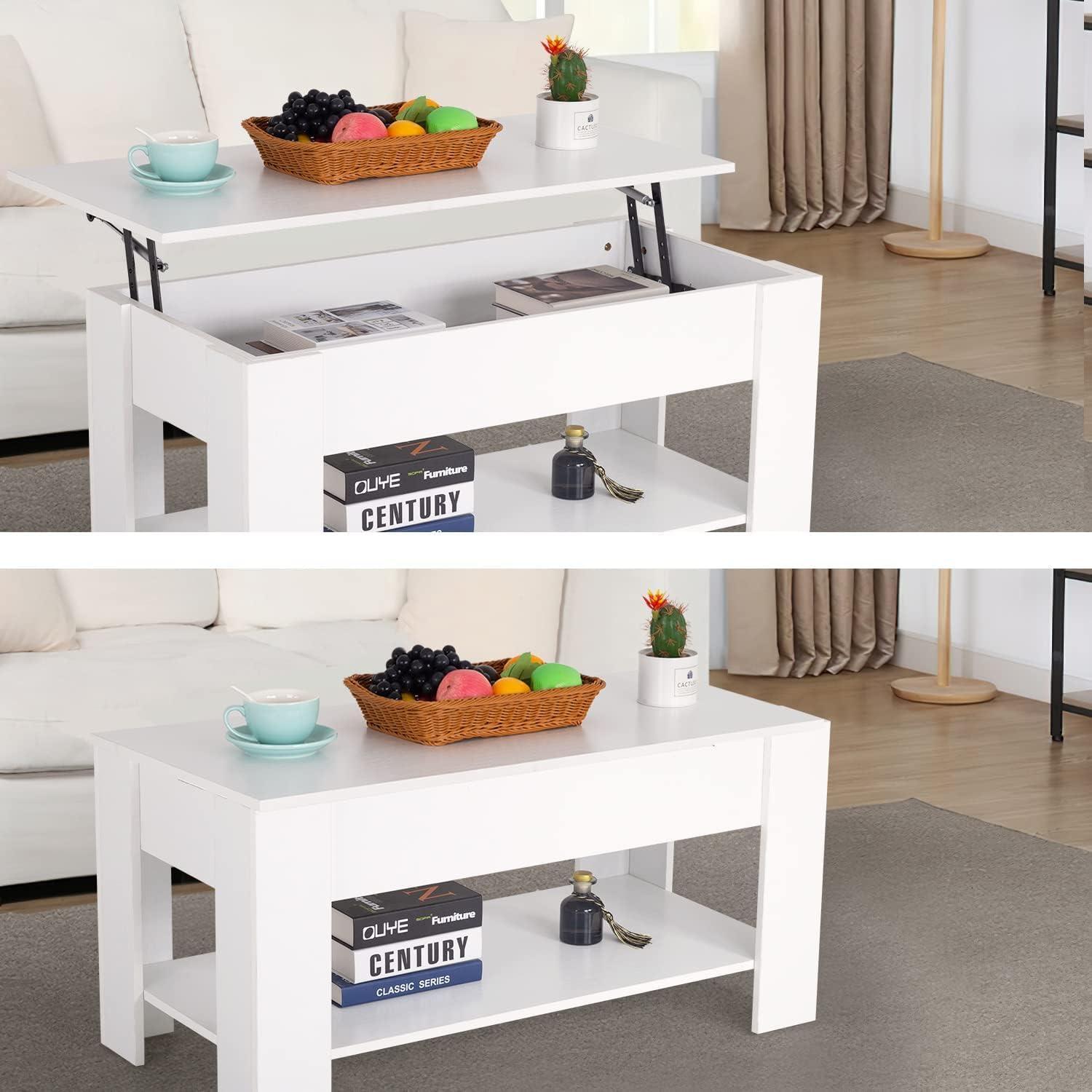 image:imageFDW 394 Lift Top Coffee Table with Hidden Compartment and Storage Shelf Wooden Lift Tabletop for Home Living Room Reception Room Office BlackWhite