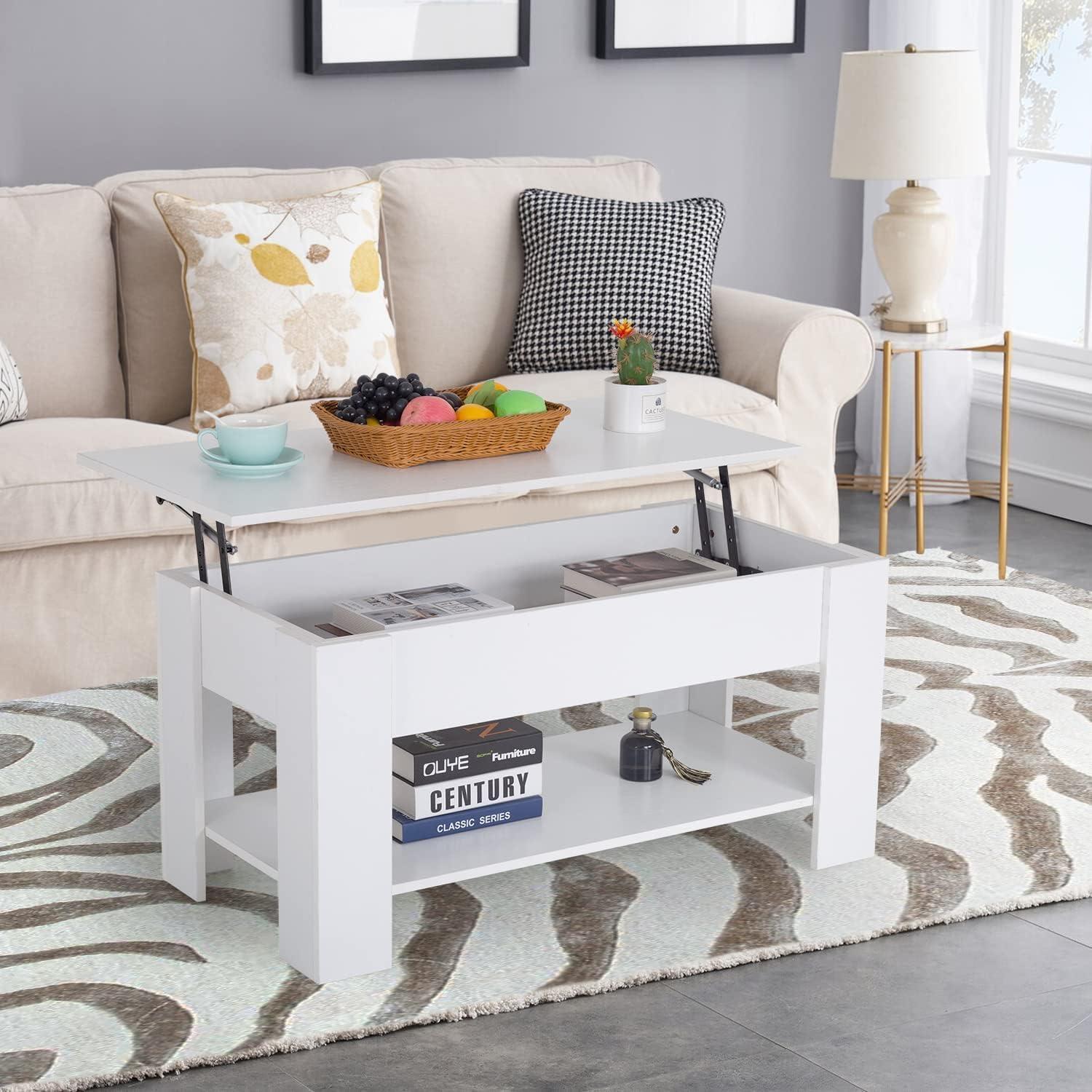 image:imageFDW 394 Lift Top Coffee Table with Hidden Compartment and Storage Shelf Wooden Lift Tabletop for Home Living Room Reception Room Office BlackWhite