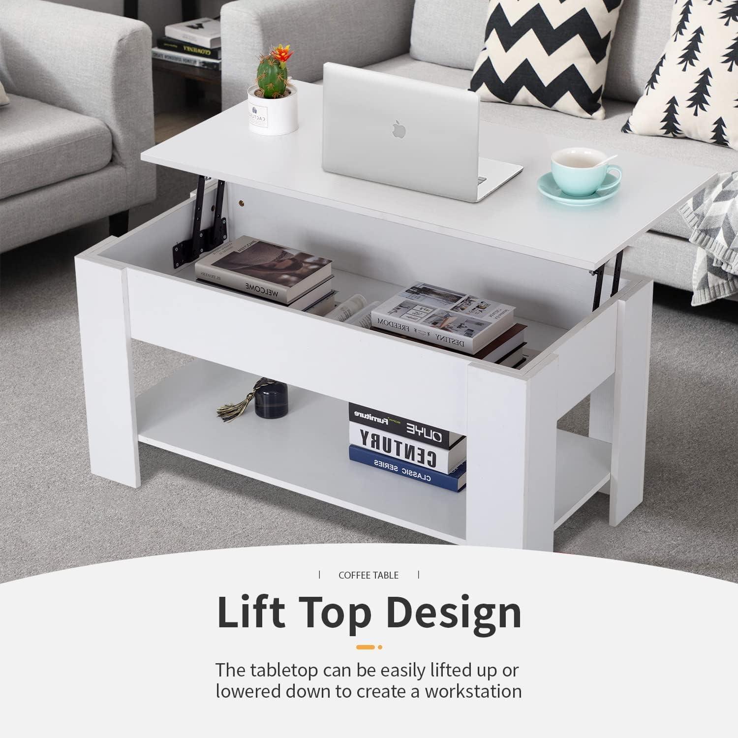 image:imageFDW 394 Lift Top Coffee Table with Hidden Compartment and Storage Shelf Wooden Lift Tabletop for Home Living Room Reception Room Office BlackWhite