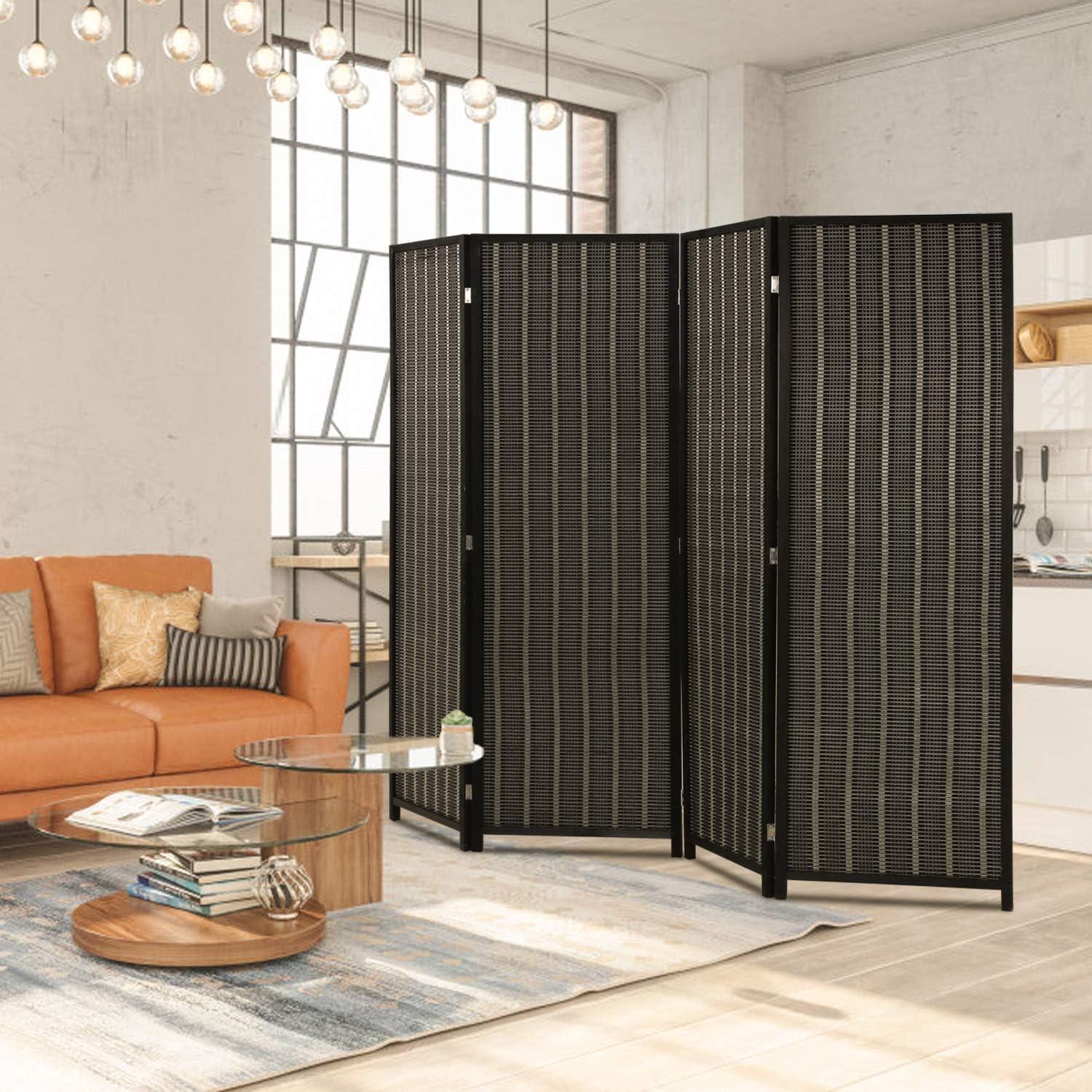 image:imageFDW Bamboo Room Divider Folding Privacy Wooden Screen 4 Panel 72 Inches High 177 Inches Wide Room Divider for Bedroom Office StudyNaturalBlack